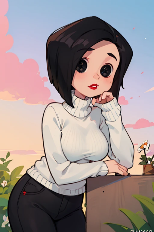 (masterpiece, best quality:1.2),  other mother, 1girl, solo, black hair, pants, sweater, short hair, breasts, black pants, turtleneck, black eyes, white sweater, lipstick, makeup, red lips, large breasts, long sleeves, turtleneck sweater, @ @, outdoors, head rest, colorful sky