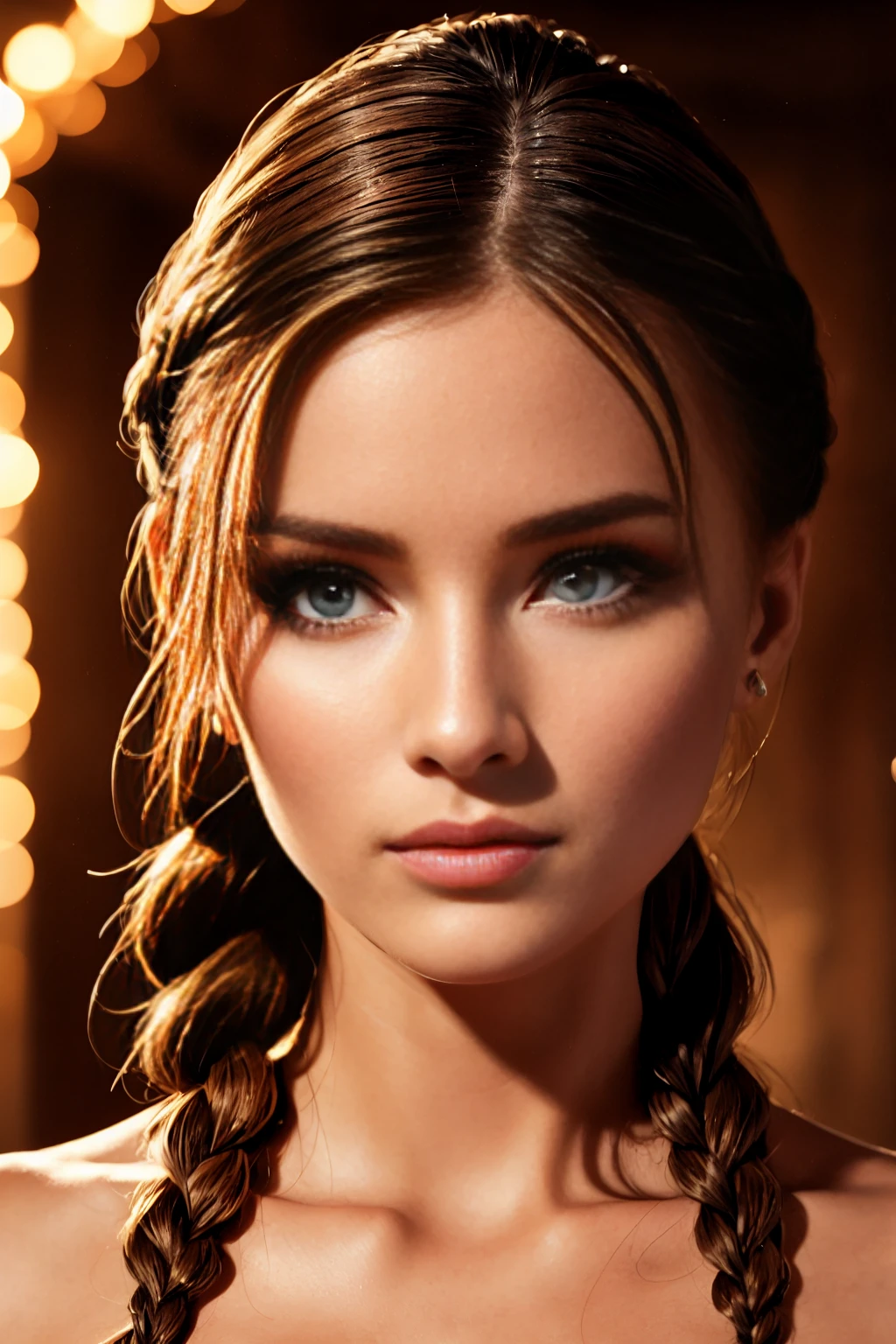 Moving up from her armor, you notice the intricate details of her face. Her eyes are piercing, with a sense of strength and determination that is palpable. Her cheekbones are high, giving her an air of nobility and grace. Her hair is tied back in a tight braid, showing off the lines of her face and highlighting the beauty of her features. With some alluring makeups, she looks more enchanting and seducing than ever... Soft lighting. Soft shadows. Projected lights. Warm Ambient lights. Half-body portrait. Fantastic face. Realistic skin details. Perfect anatomy. Professional color grading