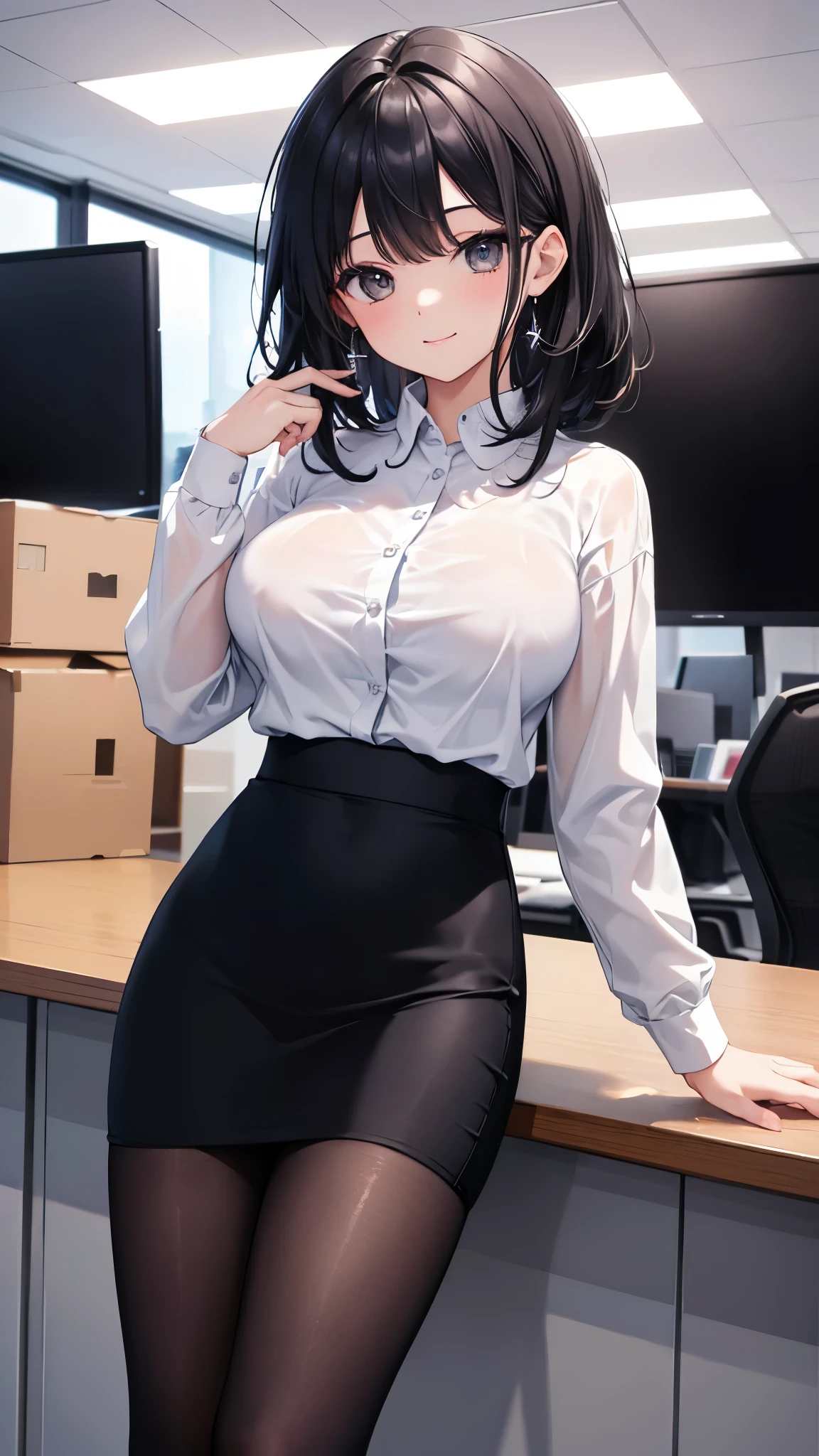 (8K、Highest image quality、highest quality、masterpiece)、detailed face、1 woman、black hair、medium hair、gray eyes、smile、big breasts、white shirt、black pencil skirt、black pantyhose、cowboy shot、office、office background