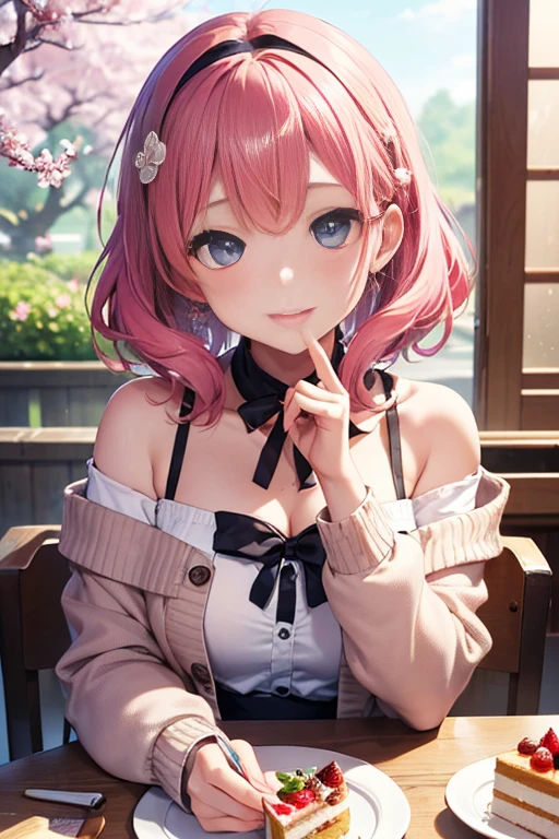 (masterpiece), (portrait), (beautiful), (beautiful), (upper brody), (high quality), (beautiful clothings), (professional angle), (Rule of thirds), (feminine), (woman), (woman), (beautiful),(womanらしい特徴), (21 years old), alone, 1 woman, (Fascinating Japanese), spring, (cherry blossoms), (afternoon), (Natural light), ((cake present)), (hand on table), ((upturned face)), ((delicate)), (Elegant make-up), ( bust), (head band), ((medium hair)), (pink hair), (curly hair), (Side braided hair), (hair flower clip), (close your eyes), (blue eyes), (dreamy face expression), white skin, (embroidery detail clothing), (Babydoll Top), (cardigan), (skirt ), (Off-shoulder neckline), ((Japan garden background)), (close-up shot shot), beautiful hands, both hands, normal hand, upper arm, full hand, beautiful body, beautiful fingers, normal finger, five fingers, five fingers, beautiful ears, normal ear, beautiful eyes, shining eyes, beautiful mouth, beautiful lips,