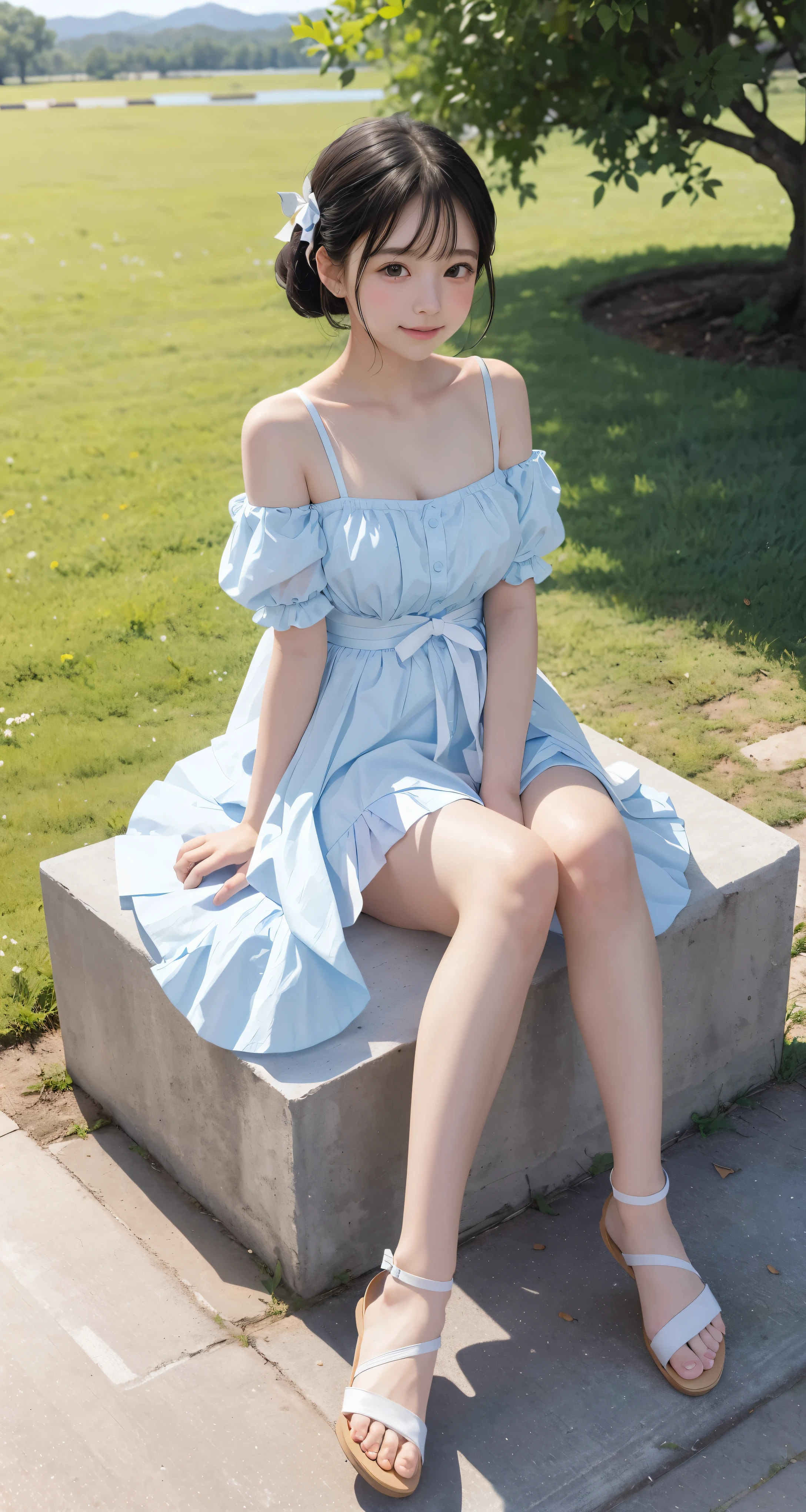 red wavy bob hair, one girl, pale skin, blue eyes, short frilled peach color dress, barefoot, in the park, sitting portrait
