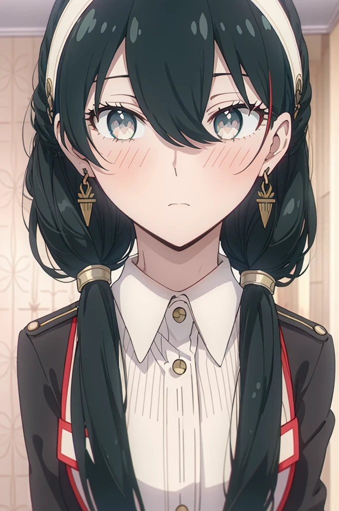 Yor Briar, 1 girl, blush, black hair, hair band, jewelry,, open your mouth, alone, Upper body, , bangs, white hair band, gold earrings, black suit jacket, collared jacket, white dress shirt, collared shirt, neckline, button, strap, ID card on neck, black pencil skirt, black pantyhose,looking at the viewer, long hair,Braid,pigtails chest, (masterpiece:1.2), highest quality, High resolution, unity 8k wallpaper, (figure:0.8), (beautiful and fine eyes:1.6), highly detailed face, perfect lighting, Very detailed CG, (perfect hands, perfect anatomy),