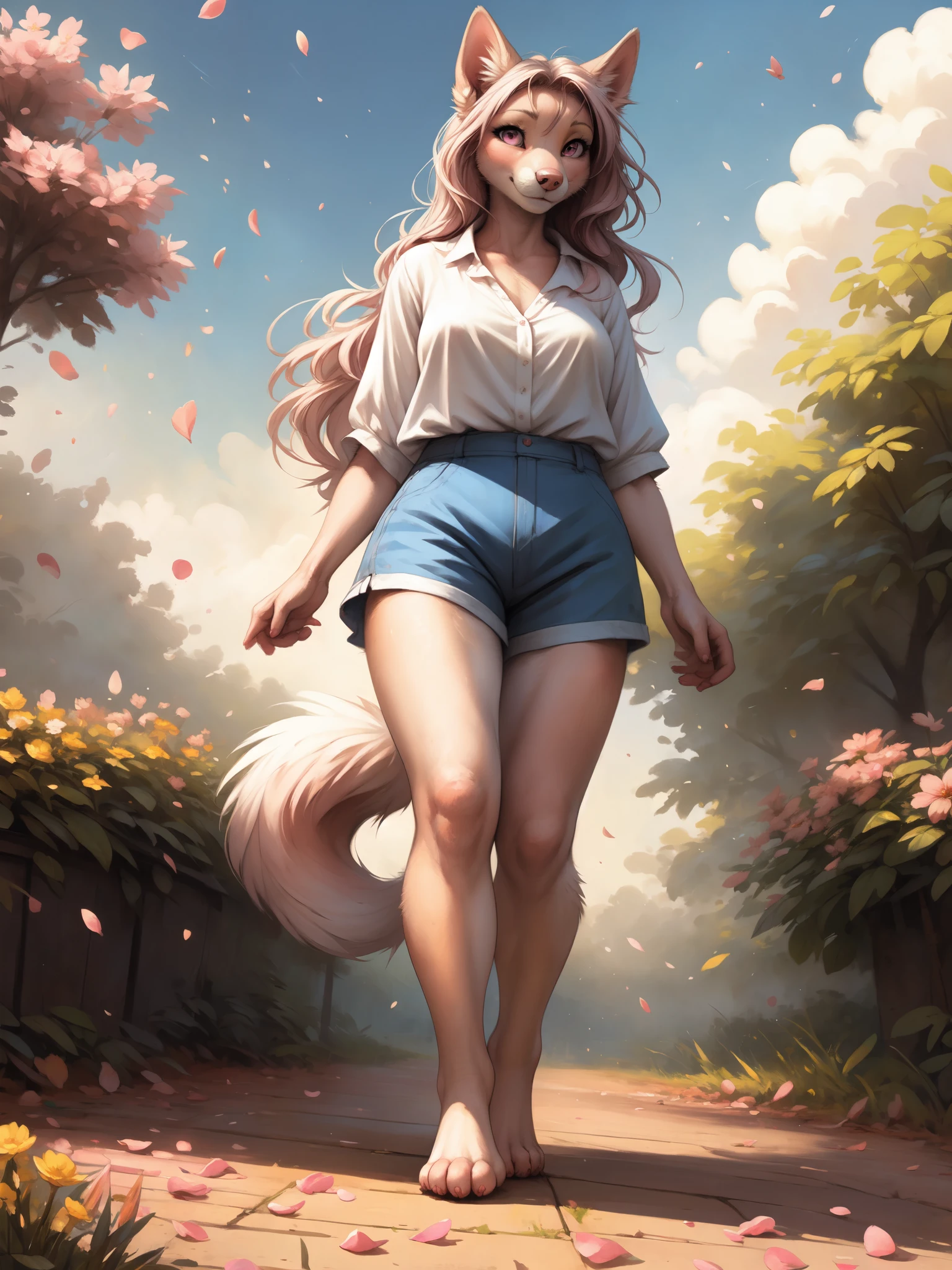 by kenket, by totesfleisch8, (by thebigslick, by silverfox5213:0.8), (by syuro:0.2), Athena, a cute pink domestic dog, tall, pink dog tail, pink pointy dog ears, pink eyes, white sclera, long pink wavy hair, cute snout, pink nose, wearing white blouse, blue shorts, barefoot, outdoors in a beautiful public park, windy day, flower petals flying everywhere