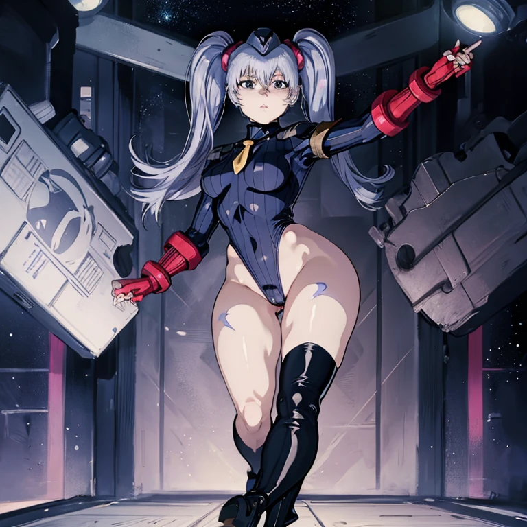 ultra-detailed, Explicit, Beautiful body, Beautiful Nose, Beautiful character design, perfect eyes, perfect face, ultra highres, 4K, beautiful legs, perfect legs, Nice hands, Perfect hand, Masterpiece, Best Quality, Highly detailed, illustration, absurdres, perfect anatomy, street fighter, doll suit, shadaloo doll, dollsuit, girls, multiple girls, expressionless, blank eyes, looking at viewer, red gloves, emotionless, black latex, corrution, mind control, female combatant, full body, hypnotized, unhappy trance, full body suit, ribbed bodysuit, both arms at side, obey, perfect female body, extremely glossy latex, hypnosis, hypnoLora, empty eyes, Mind control device, poses, submissive_pose, Slave, hat, necktie, stand up straight, standing, standing at attention, hat, necktie, belt, latex, ribbed bodysuit, thighhighs, garter belt, Fighting Stance, extending the right arm from the shoulder into the air with a straightened hand,  military, thigh boots, 1girl, Solo, Ruri Hoshino, Martian Successor Nadesico: The Motion Picture – Prince of Darkness, light purple hair, yellow eyes, twintails, hair ornament