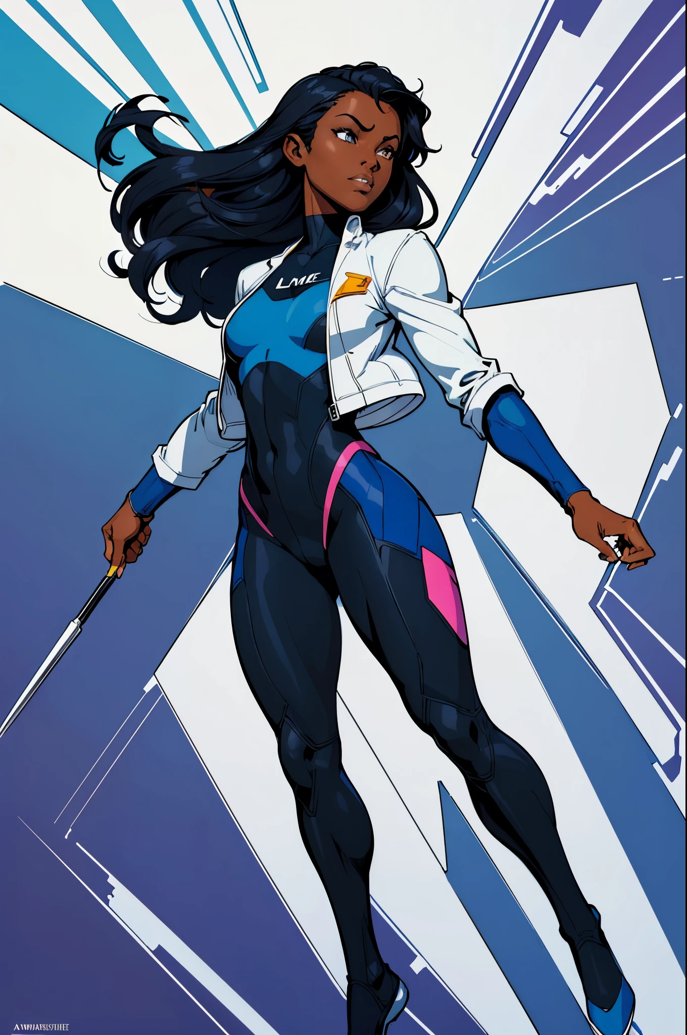 (comic style:1.3), (line art:1.5), (full body),(masterpiece, award winning, best quality:1.3), (flat color:1.3),(colorful:1.3), 1 girl ((solo)), Latina, superhero, dark skin, long black hair, purple eyes, wearing a blue and white wetsuit, blue shoes, (white short jacket), fashionable, volumetric lighting, subsurface scattering, (dark skin, good anatomy, good proportions, good composition, highest quality, award winning, masterpiece), dynamic pose, cinematic, (intricate, detailed), realistic detailed fabric textures, art by Adam Hughes