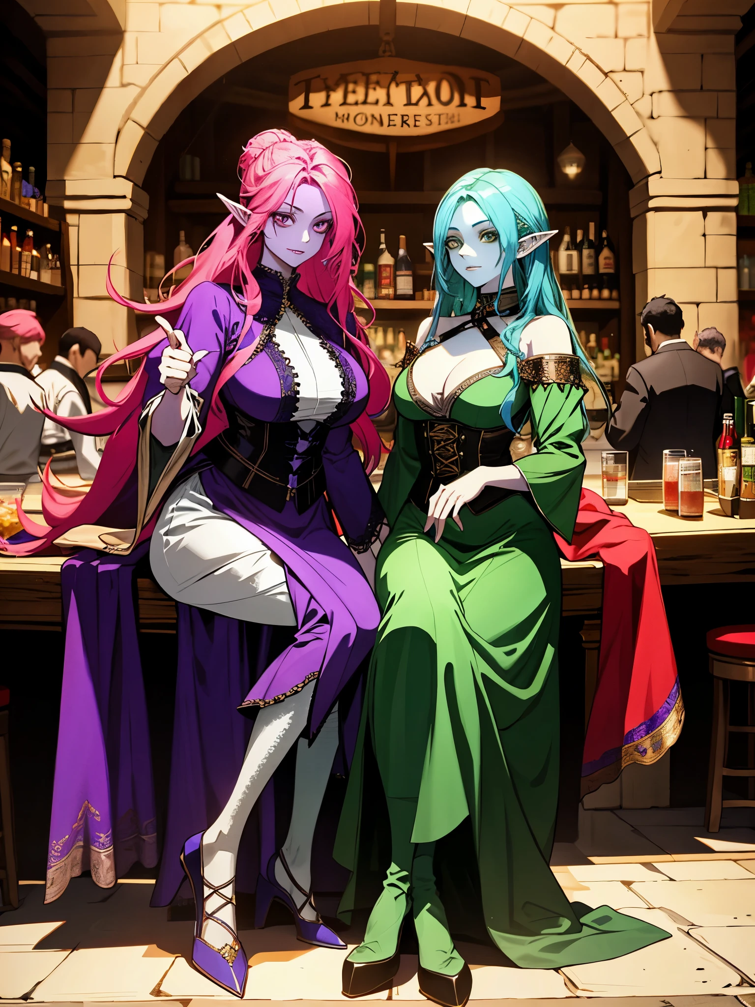 ((Two Monster Girls)), one with blue hair, (green skin), one with pink hair, (purple skin), elf ears, perfect body, ((medieval clothing)), in a medieval bar, multiple people, looking at the camera , medium shot, full body