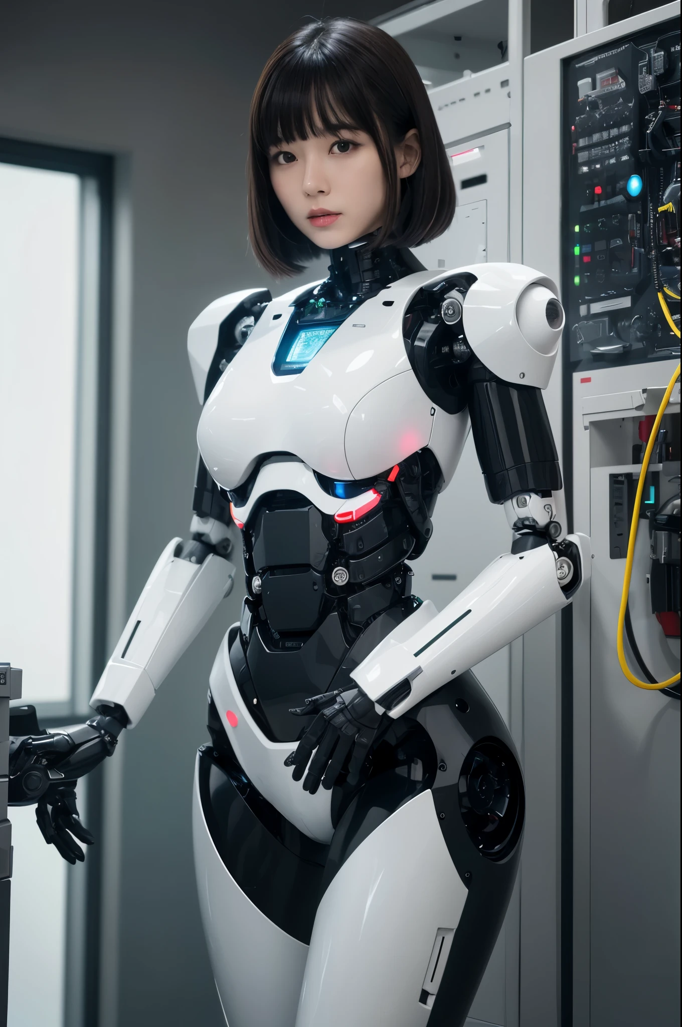 masterpiece, best quality, extremely detailed, (8K, 4K, Best Quality, hight resolution, 超A high resolution:1.1), (masutepiece, Realistic, Photorealsitic:1.1),8k portrait, Japaese android Girl,Plump , announcer,control panels,android,Droid,Mechanical Hand, Robot arms and legs, Black Robot Parts,Black hair,Mechanical body,Blunt bangs,perfect mechanical abdomen,White robotics parts,perfect robot woman,future laboratory,cyber pank,charging spot,laboratory,long tube,thick cable connected her neck,ceramic body ,perfect mechanical body, white robot body,android,robot humanoid,black sponge joints,The removable cover is in the groin,The connection port is in the groin,opened chest panel,access panel on the chest,white machine body,white robot body,white ceramic breast,perfect plastic breast,She has repaired,assembly plant,miniskirt,black kneehighsocks,leather boots, 