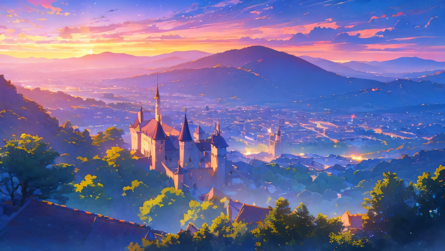 beautiful castle romantic and sunset sky in the night with clouds and stars, it's a valley with a castle, a lake with flowers and roses