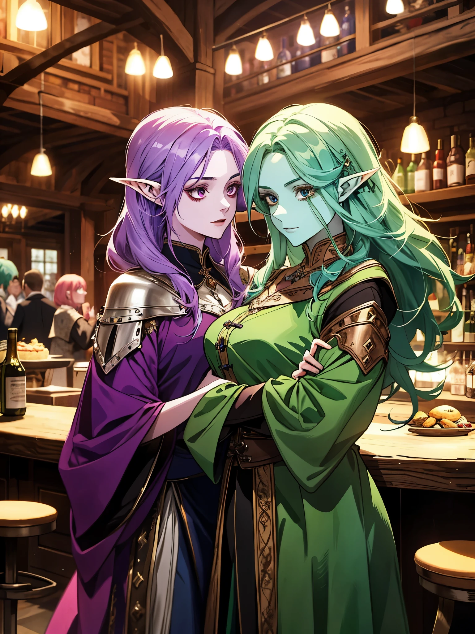 ((Two Monster Girls)), one with blue hair, (green skin), one with pink hair, (purple skin), elf ears, perfect body, ((medieval clothing)), in a medieval bar, multiple people, looking at the camera , medium shot, full body