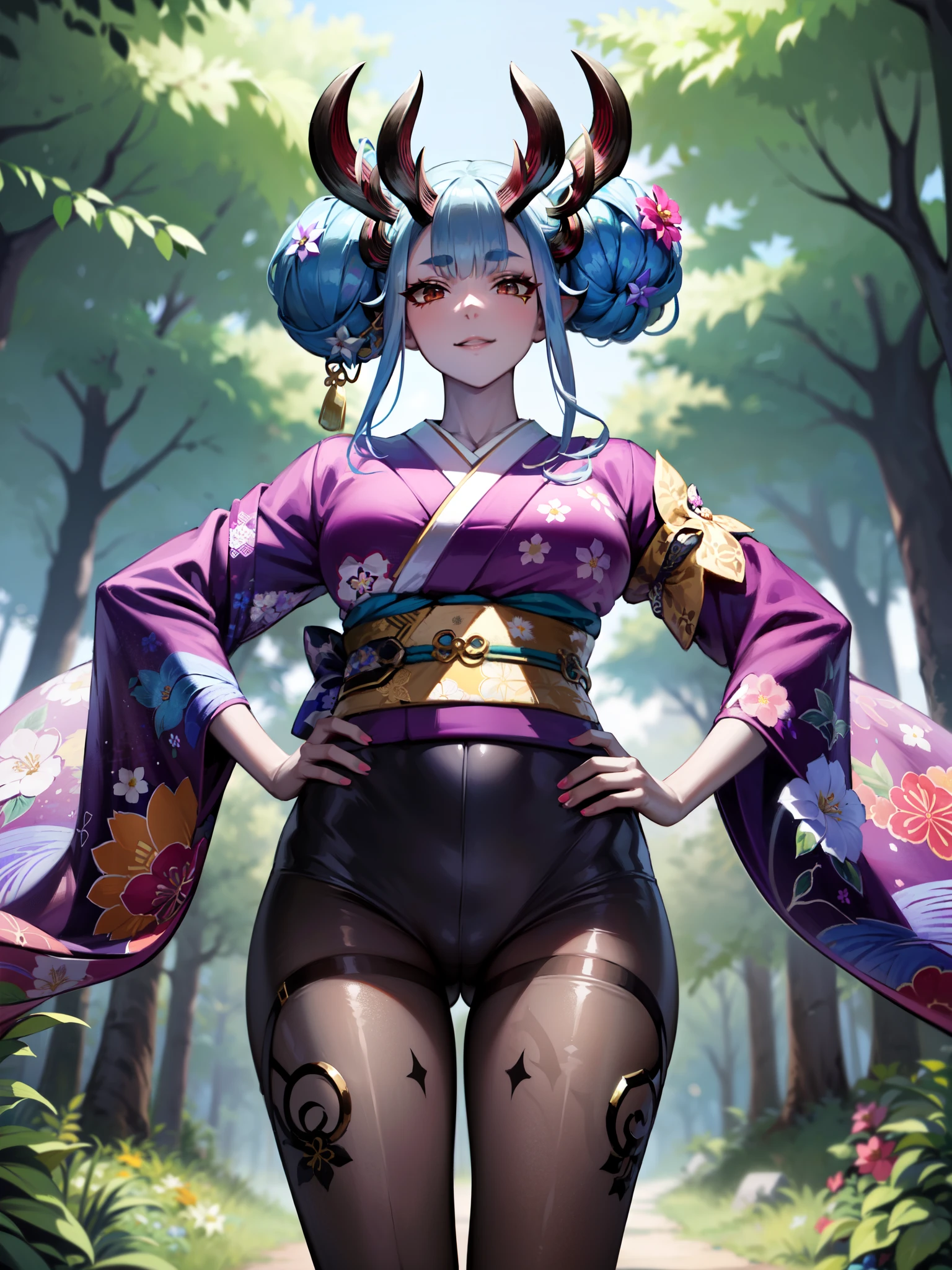 masterpiece, best quality, extremely detailed, 1girl, mature female, solo, (colored skin, grey skin), jeloibukicheer, double bun, parted lips, (((kimono, floral print, pantyhose))), ((light smile), closed mouth), ((hands on own hips, forest))