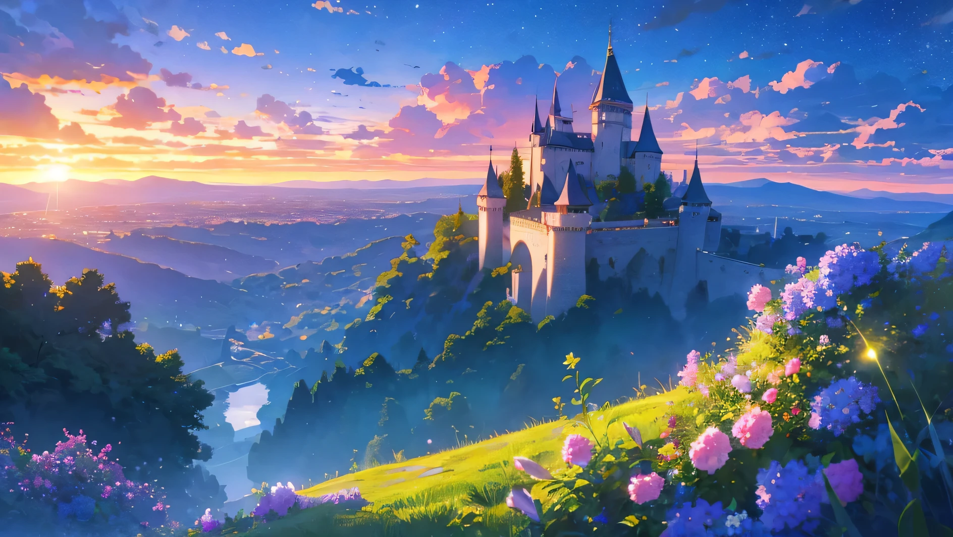 beautiful castle romantic and sunset sky in the night with clouds and stars, it's a valley with a castle, a lake with flowers and roses