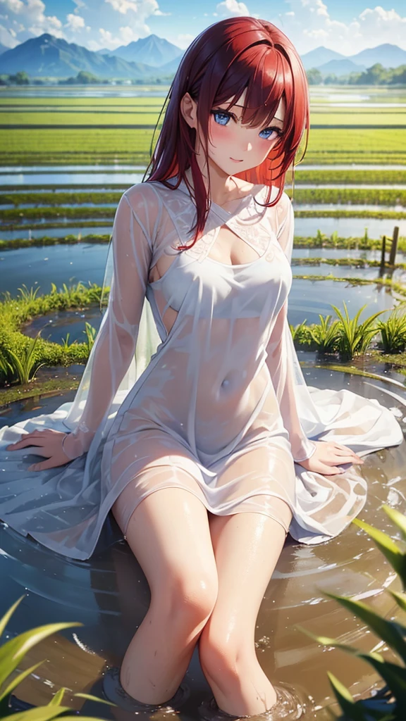 Beautiful Asian girl aged 20 years, Bright blue eyes, slightly red hair, Wearing a short, thin white dress, See-through dress Soaking in a mud puddle,Body full of mud, lying position, with beautiful rice fields in the background, Realistic, intricate details, 8k, ultra wide camera shot, full body shot