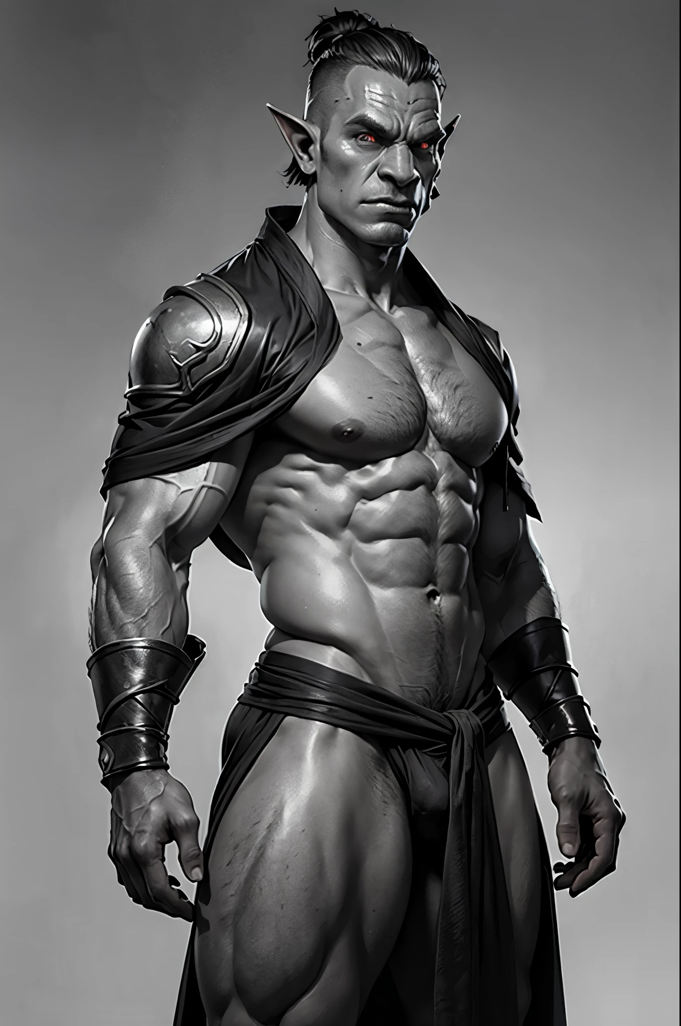 young adult, dark grayscale skin, fantasy, orc, medium black slicked back hair, warrior clothing, robe, orc has gray colored skin, no color in skin, strong