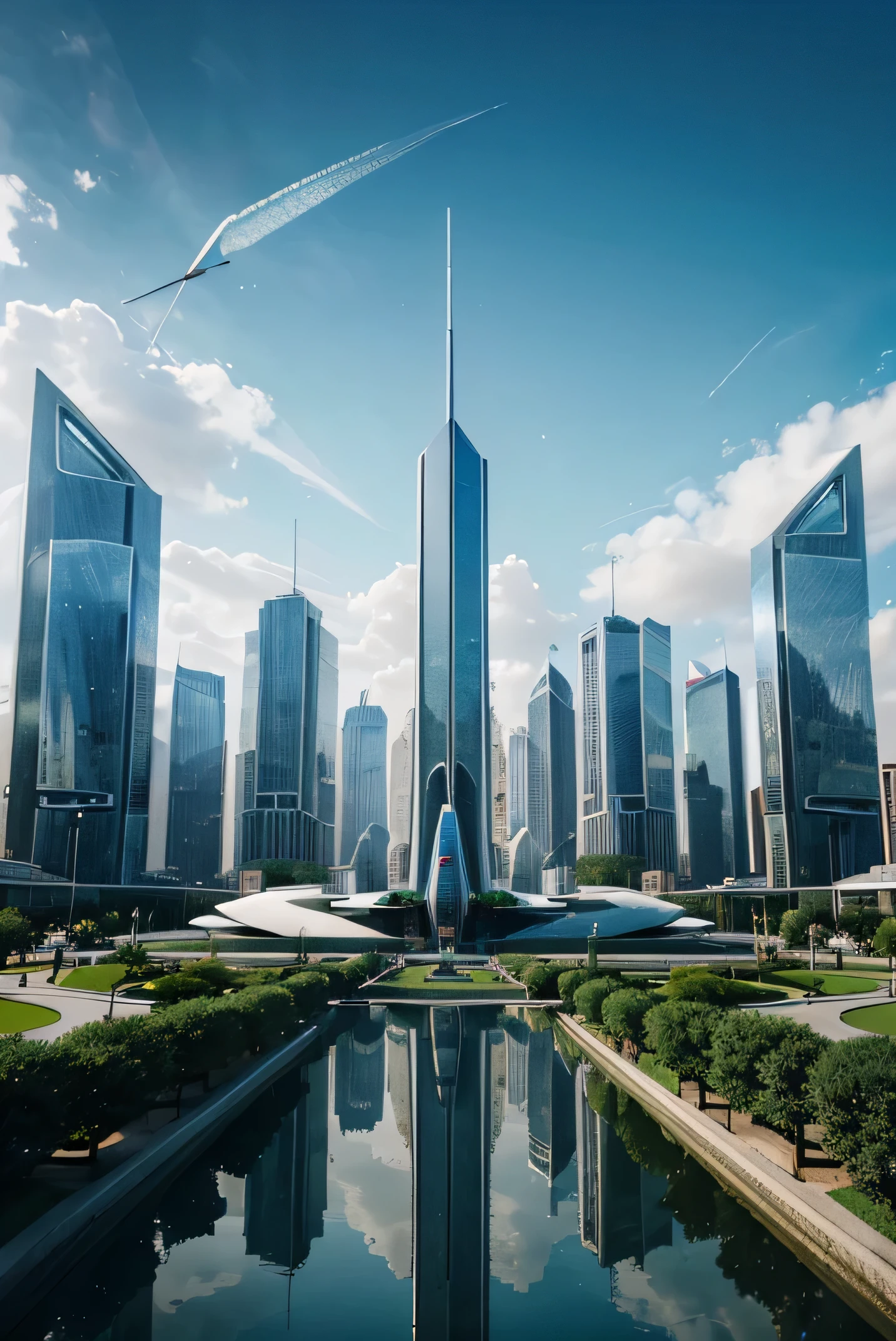 A future city in a VR device containing cutting-edge technology., The colors are gorgeous. Round and elongated buildings of various shapes are in harmony... Future technology and robots can be seen flying in the sky.. It is a center where you can see future technology and has a park and machines..., the background is the focus, The camera looks at the building from bottom to top., It is a city with futuristic elements., Same as low angle composition, Park with fountain, technology to convey information and. It&#39;s a complicated scene with many people roaming the streets..