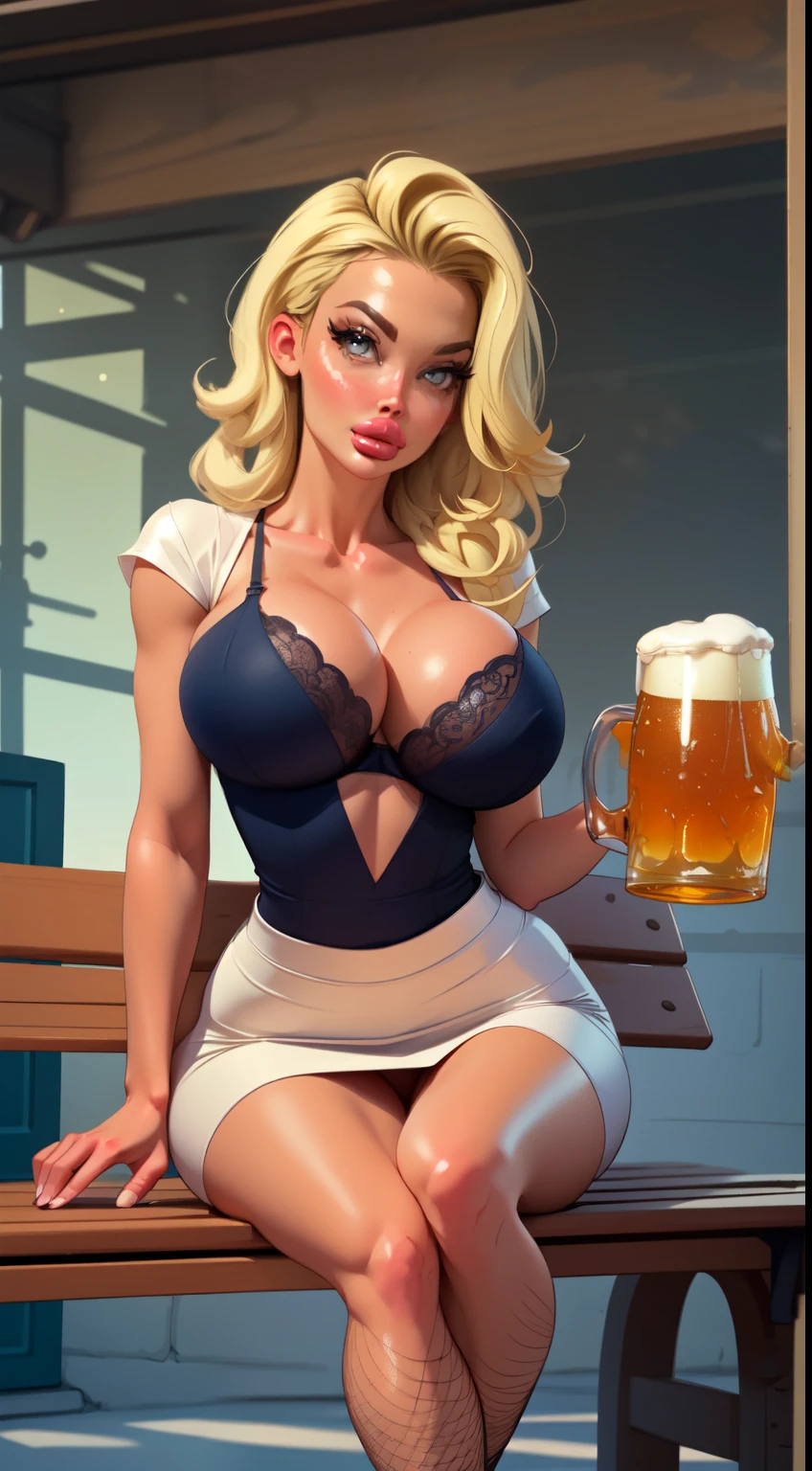 ((best quality)), ((masterpiece)), (detailed), perfect face, blonde Germanic 1girl sitting on a bench with a mug of beer in her hand, cross legged, octoberfest, sexy maid, bench, full length and white stockings, Aletta ocean face, fishnet bra, holding beer mugs on both hands