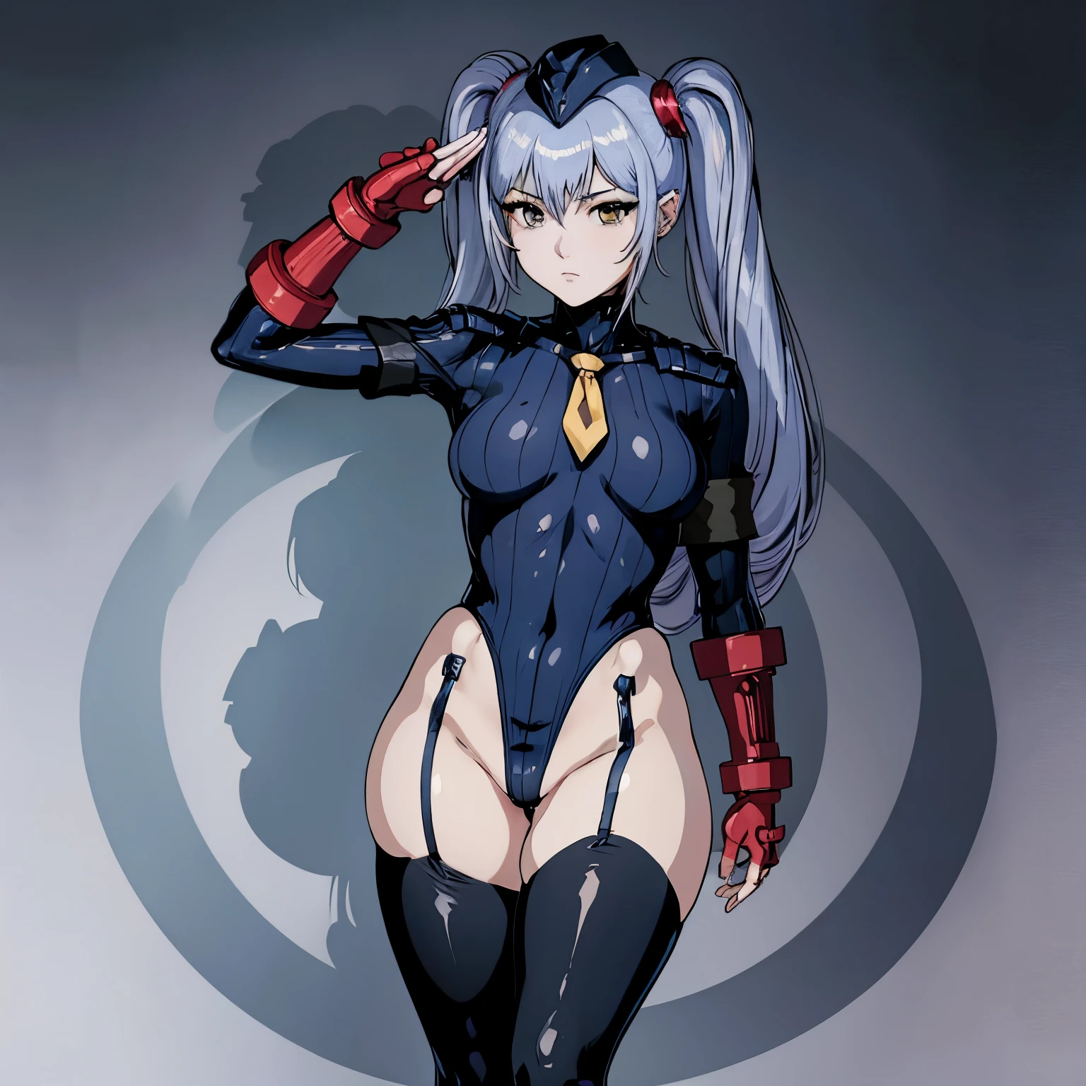ultra-detailed, Explicit, Beautiful body, Beautiful Nose, Beautiful character design, perfect eyes, perfect face, ultra highres, 4K, beautiful legs, perfect legs, Nice hands, Perfect hand, Masterpiece, Best Quality, Highly detailed, illustration, absurdres, perfect anatomy, street fighter, doll suit, shadaloo doll, dollsuit, girls, multiple girls, expressionless, blank eyes, looking at viewer, red gloves, emotionless, black latex, corrution, mind control, female combatant, full body, hypnotized, unhappy trance, full body suit, ribbed bodysuit, both arms at side, obey, perfect female body, extremely glossy latex, hypnosis, hypnoLora, empty eyes, Mind control device, poses, submissive_pose, Slave, hat, necktie, stand up straight, standing, standing at attention, hat, necktie, belt, latex, ribbed bodysuit, thighhighs, garter belt, Fighting Stance, extending the right arm from the shoulder into the air with a straightened hand, nazi saluting, military, military saluting, salute, thigh boots, 1girl, Solo, Ruri Hoshino, Martian Successor Nadesico: The Motion Picture – Prince of Darkness, light purple hair, yellow eyes, twintails, hair ornament