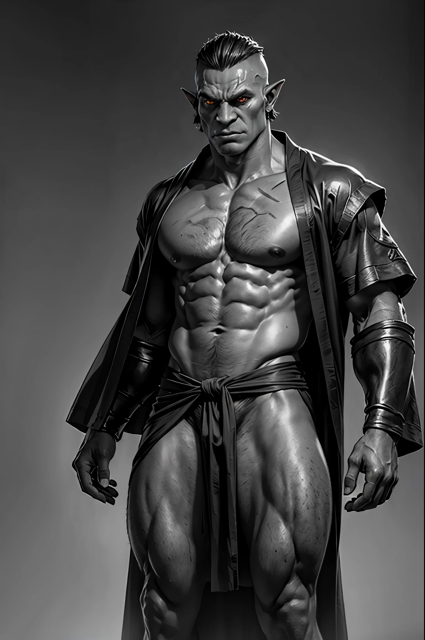  adult, dark grayscale skin, fantasy, orc, medium black slicked back hair, warrior clothing, robe, orc has gray colored skin, no color in skin, strong