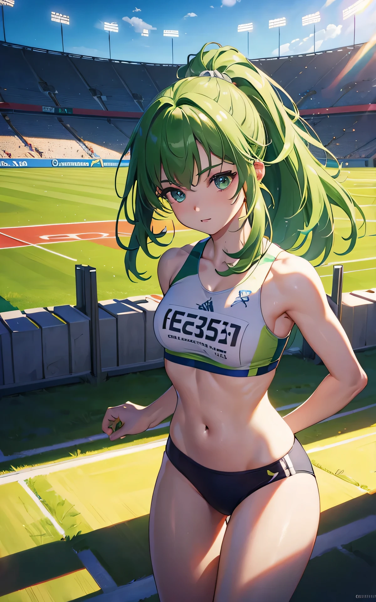 (Original Character、Unity 16K Wallpaper, Masterpiece, Best Quality, Ultra-Detailed, Extremely Detailed CG, Caustics, Cinematic Lighting, Detailed, Beautiful Detailed Eyes, solo), Ultra High Resolution, fine skin, (track and field:1.2) 、(strong light)、oily skin,smile , from front:1.2、(sexy women)、Arena、full body shot、separate、racing bloomers、show off belly,show off neck,sunny day、cowboy shot,dark green hair