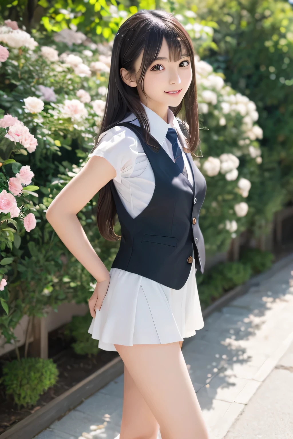 on the table, best quality, illustration, Super detailed, fine details, high resolution, 8k wallpaper, Perfect dynamic composition, Beautiful and delicate eyes,whole body摄影,show your whole body、collared shirt、mini skirt,thin and transparent、long gray hair, Bold sexy pose,Smile,Harajuku、20 year old girl、Eyeliner、beautiful bangs、hair between eyes、((masterpiece、top quality、Super detailed、movie light、intricate details、high resolution、Very detailed))、background for this、8 kood、digital SLR、soft light、high quality、film grain、富士XT3 、shallow view deep、natural soft light、Kamimei、See the knees, standing at the beach,Look at the sexy shots of the lens、Above the legs、whole body、Vest、suit、 铅笔mini skirt、Holding a bouquet of flowers、side view