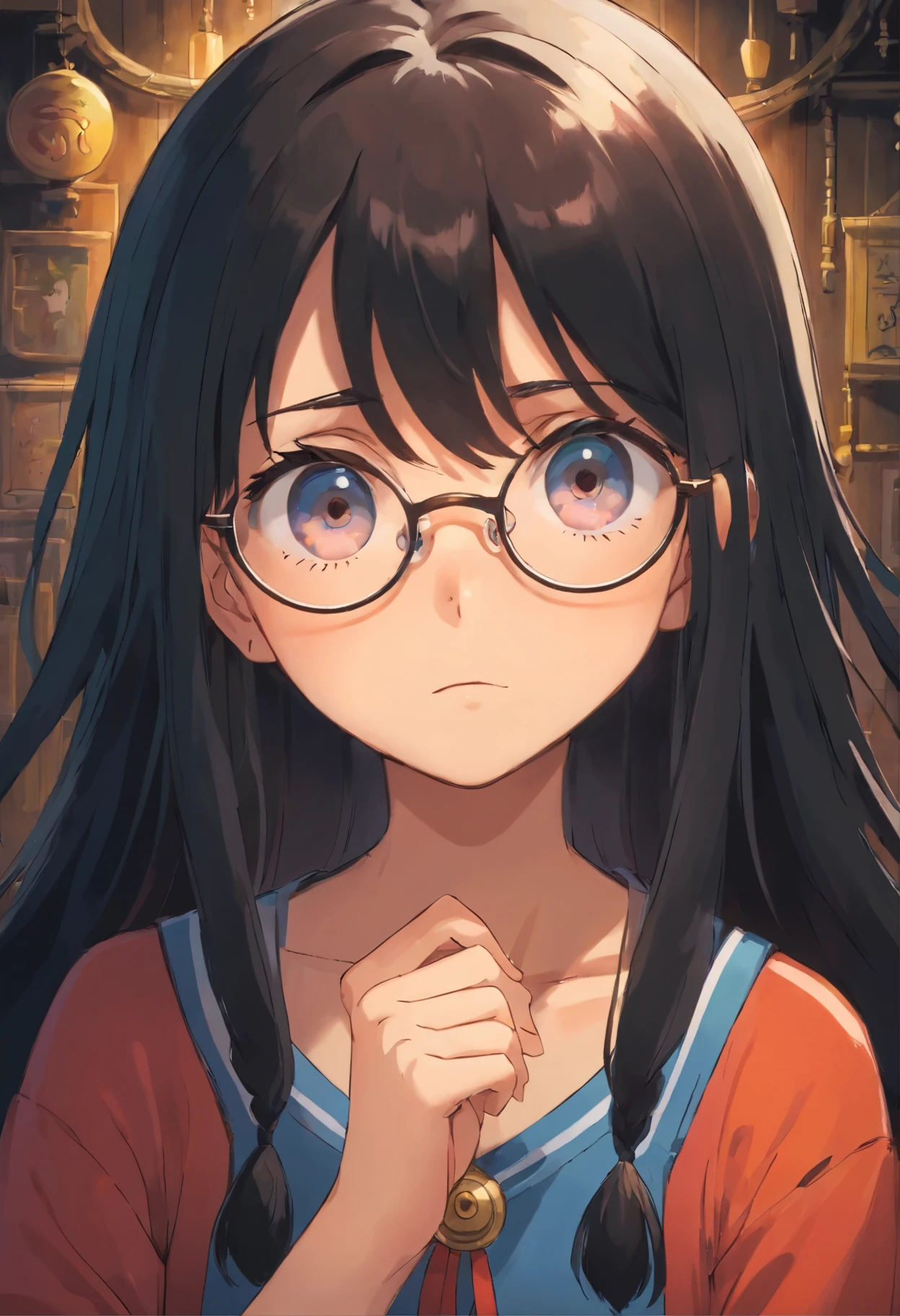 glasses girl black hair dark room cute sad Whimpering looking down one piece My eyes are hidden long bangs Ghibli anime beautiful Highest image quality be familiar with detailed beautiful