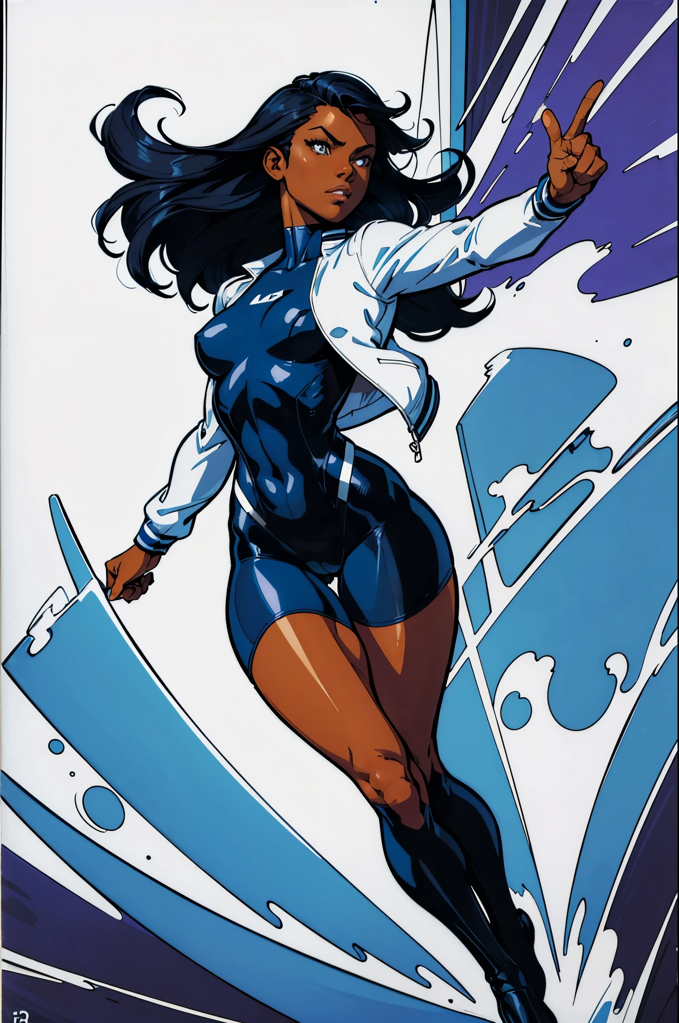a afroHero (masterpiece, best quality), Female, woman character, (((multiple poses and expressions))), (comic style artwork with perfect anatomy), perfect body, transparent wet ultrathin white dress shirt unbuttoned, black knee high tights, black short miniskirt, highly detailed--no outline