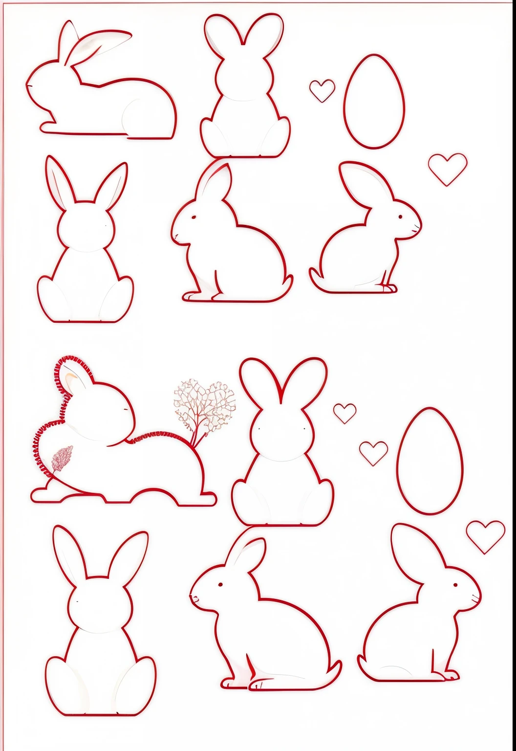 a set of nine different silhouettes of coelhos and hearts, Coelhos, glowforge Modelo, coelhos, coelho_coelhinho, gumdrop Coelhos, delineado silhouettes, contour hatching, coelhinho, siluetas, ouvidos, a forest with Coelhos, delineado, contornos, delineado!!!, Modelo, easter, coelho, contornos pronunciados, various sizes, em branco