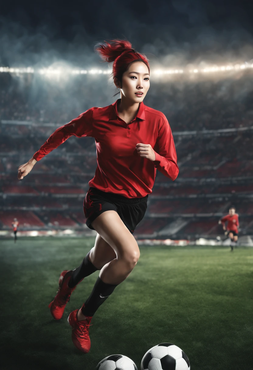 digital concept art of ultra realistic beautiful Korean woman wearing a red shirt with black pants, red ponytail hair, very healthy, running after (a soccer ball) inside a stadium, smokey surrounding , in motion, mid air, night, jay anacleto, best quality masterpiece