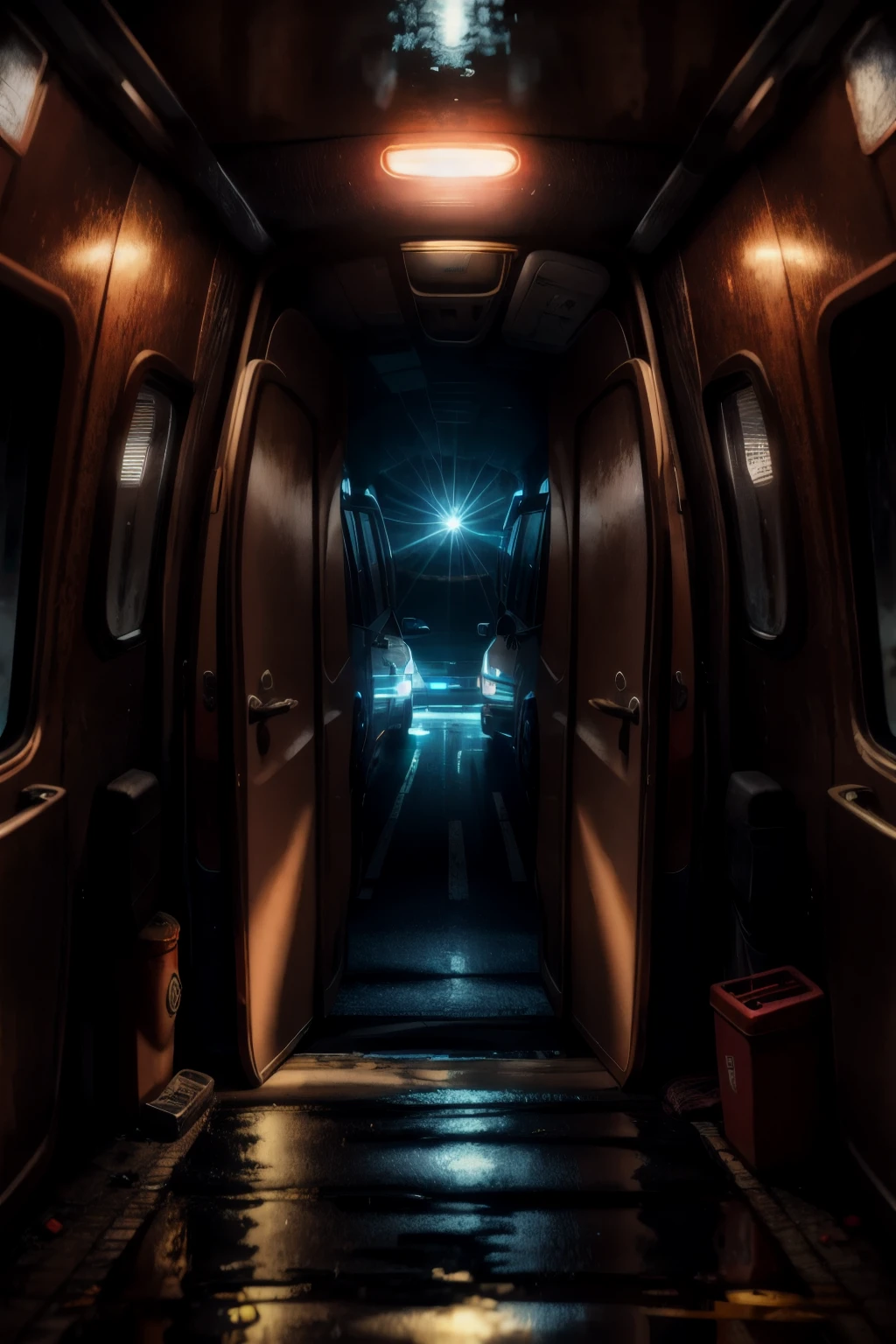[In an otherworldly scenario, an unreal engine renders a hyper-realistic image of a black van halted abruptly. The screeching tires leave trails of smoky dust, heralding the arrival of the sinister figures. Masked men, their expressions concealed, forcefully seize a woman in a elegant red dress, her golden curls cascading down her shoulders. Her terrified eyes plead for mercy, capturing the raw emotion and desperation of the moment. The scene is bathed in ominous shadows, the light flickering and casting thick, distorted reflections on the wet pavement. The van door slams shut with a menacing thud, and the vehicle