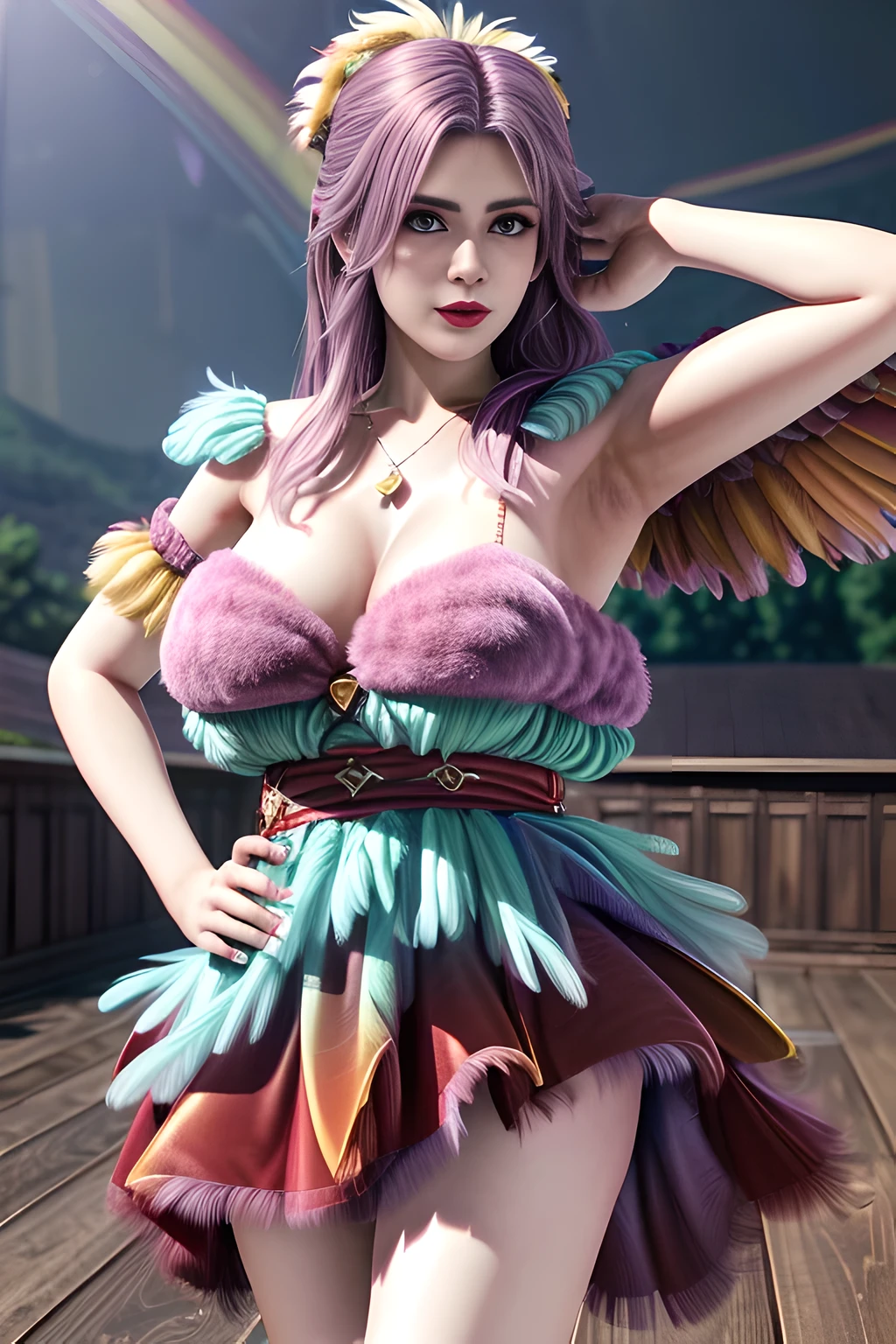 1 girl,Alice,(Rainbow theme:1.6), (fluffy:1.7), (fitting fluffy feather dress:1.4),(permanent, model pose:1.2),jewelry,grace,(((red lips))), Lips slightly open, lustful smile, clavicle,(huge breasts),Charming cleavage,((8k, original photo, top quality, masterpiece), HD RAW color photos professional close-up photos, (actual, photorealism: 1.37), (best quality), (best shade), ((erotic, Sexy, ultra high resolution, HD CG unified 8K wallpaper, Physically based rendering, movie lighting),alone,