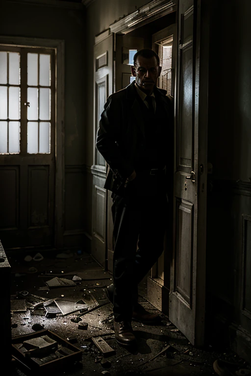 Detective Martin Holloway looked at the abandoned house suspiciously, the shadows dancing in the moonlight adding to the abandoned atmosphere. The door creaked ominously as he pushed it open, revealing a dark, dusty hallway.