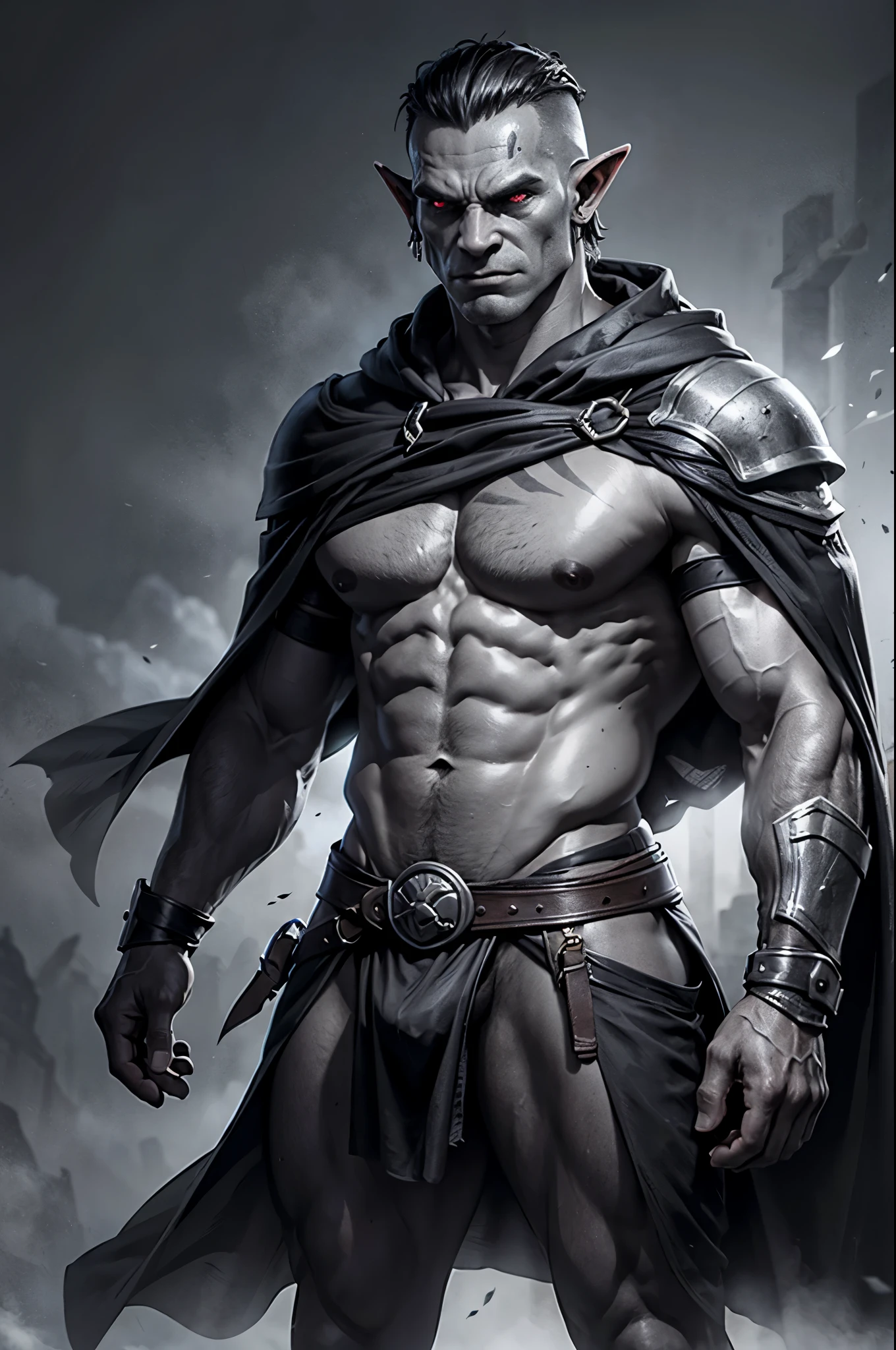 young adult, dark grayscale skin, fantasy, orc, medium black slicked back hair, warrior clothing, cloak, orc has gray colored skin, no color in skin, strong