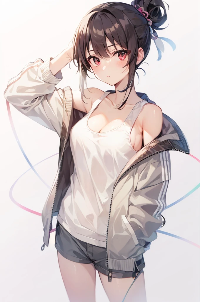 (((highest quality, High resolution, Japan Manga))) , red eyes, 1 girl, alone, looking at the viewer, topknot,bun hair, black hair, long sleeve, cleavage, medium breasts, closed mouth, clavicle, white tank top, Open Parka, black hoodie, shorts,cool beauty,Two-dimensional beautiful girl,Japan anime beautiful girl,((Tie your hair with a red string))