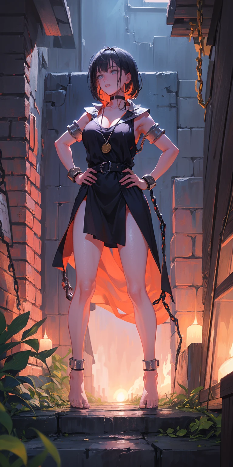 Female, standing, straight, 1girl, elf, green wavy hair, from above, medium breasts, suspended by arms, head down, POV, from the side, (dirty, bruise:1.2), cave floor, tiedup, rope, (Masterpiece), full body of a female, big breast, detailed face, full portrait, standing straight, shackles on arms and legs, black chocker on neck, SFW, WHITE TOGA, golden chains hands, golden chains legs, lascivous face, embarrassed, red cheeks, braid black hair, looking at viewer, handcuffs on their hands, with a collar around the neck, slave, ((black choker, shackles on legs and arms)) ((hands hidding behind body))