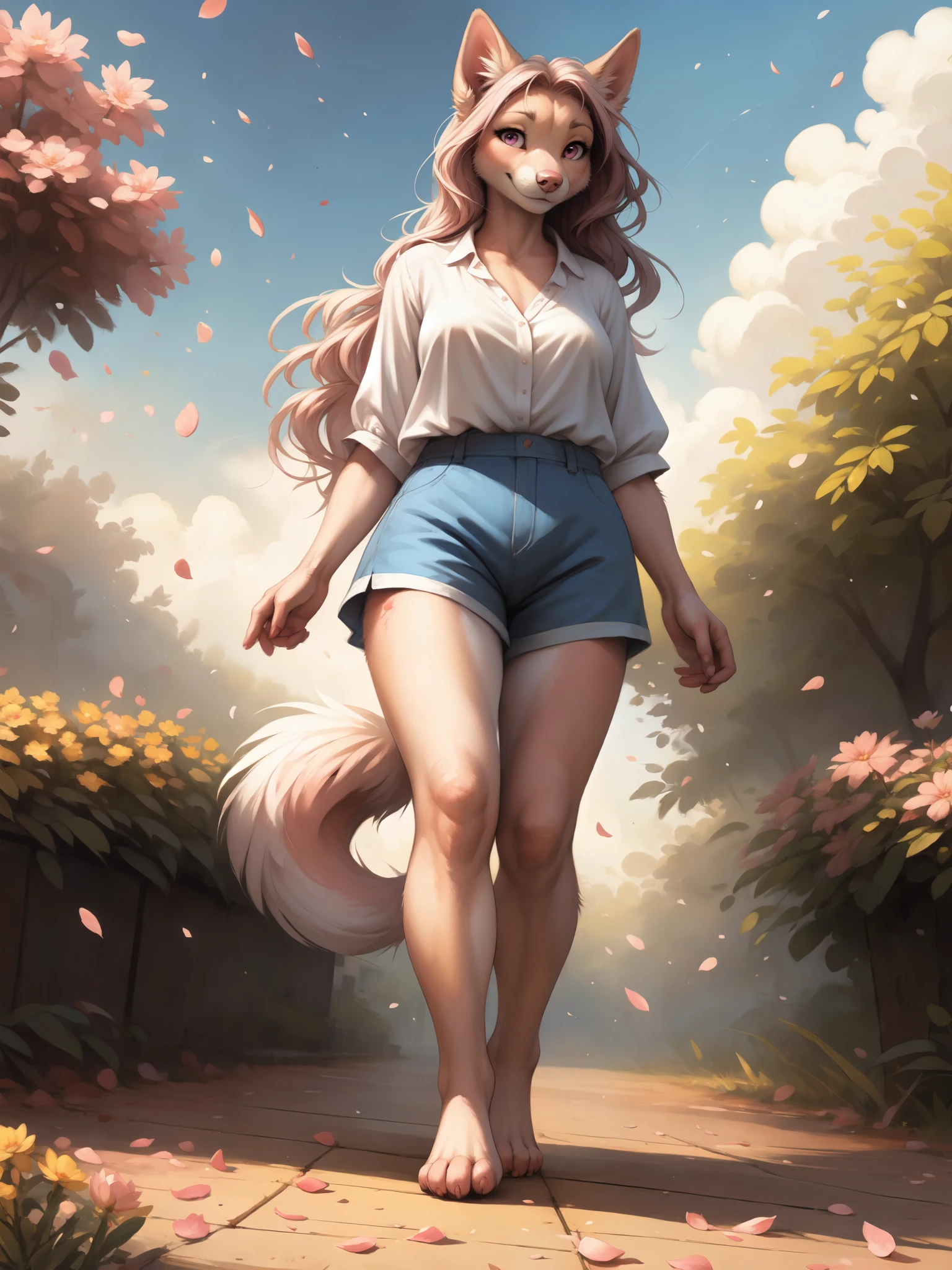 by kenket, by totesfleisch8, (by thebigslick, by silverfox5213:0.8), (by syuro:0.2), Athena, a cute pink domestic dog, tall, pink dog tail, pink pointy dog ears, pink eyes, white sclera, long pink wavy hair, cute snout, pink nose, wearing white blouse, blue shorts, barefoot, outdoors in a beautiful public park, windy day, flower petals flying everywhere