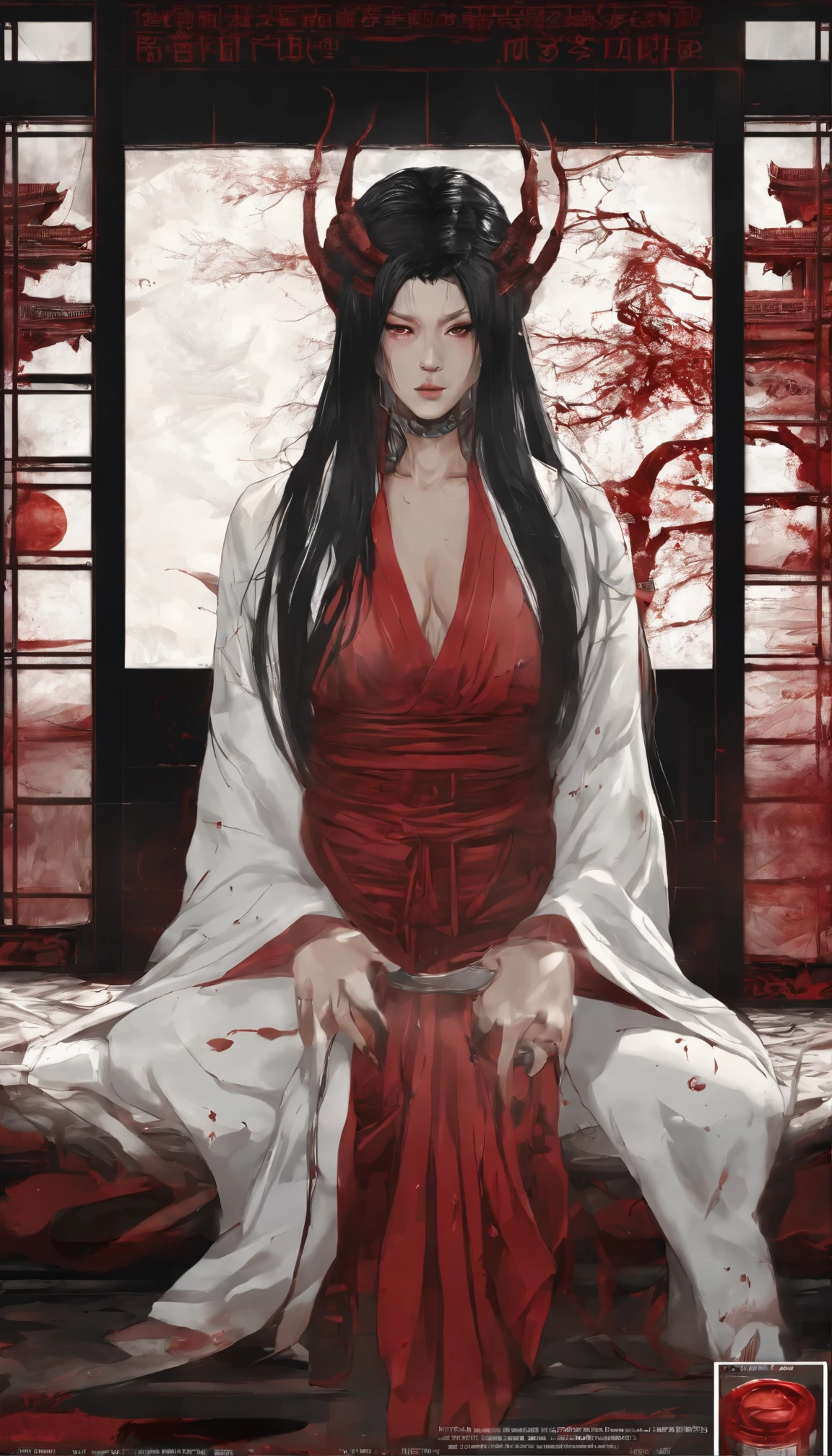 Blood Red Room, White TV screen flashing, Buddha statue, long black hair, messy hair, Cover one eye and face, bright red eyes, Wearing a white transparent robe, Looming breast augmentation,alcohol,devil， reach out，straighten the body, Red nails are exposed, Pinch the camera, hyper hd, anatomically correct, rough skin, Super detailed, advanced details, high quality, High resolution, 8K, hyper hd, anatomically correct, rough skin, Super detailed, advanced details, high quality, 最high quality, 8K,Reishnampo,Room 2,horror, (((Senju Kannon)))