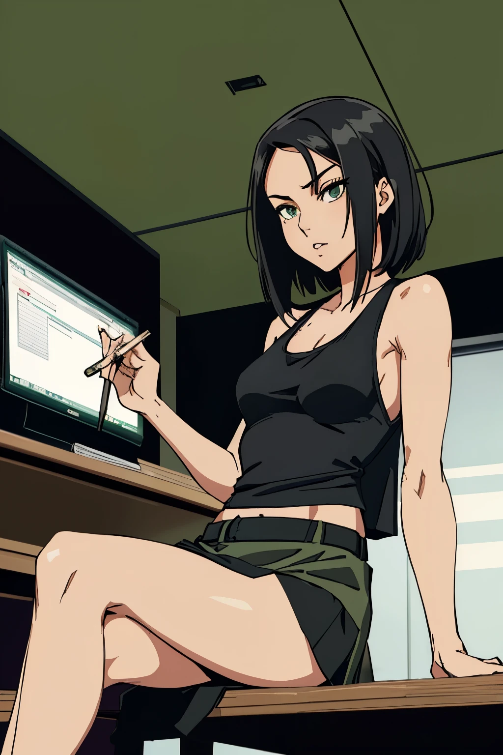 (stripping:1.2),(sexy:1.3),( woman:1.2),(shoulder length black hair),(black tank top),(green jacket and skirt),(enticing),(passionate),(office background),(sitting on desk),(desperate)