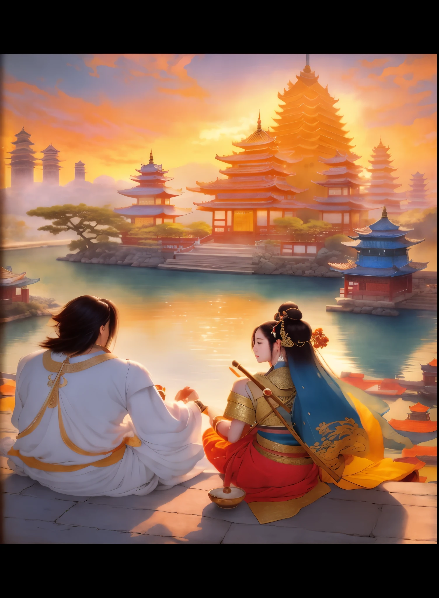 painting of a couple sitting on a ledge overlooking a lake, rob rey and kentarõ miura, ross tran and michael whelan, rob rey and kentarõ miura style, beautiful render of tang dynasty, chinese fantasy, xianxia fantasy, ross tran and bayard wu, dreamland of chinese, ruan jia and artgerm
