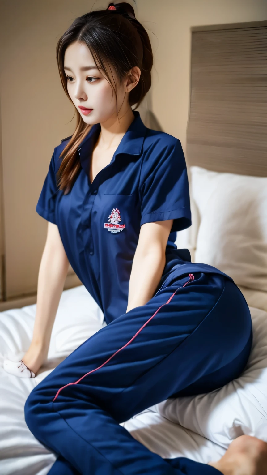 2 girls in the piano room, Navy blue short-sleeved shirt,Navy Long Trackpant,Sweatpants, Sweatpantsขายาว, lying in bed., หญิงรักhave sex, coax, Sexual arousal, Realistic poses, exercise clothes, exercise clothes, have sex