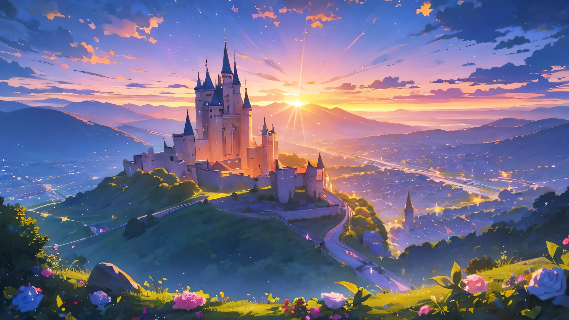 beautiful castle romantic and sunset sky in the night with clouds and stars, it's a valley with a castle, a lake with flowers and roses