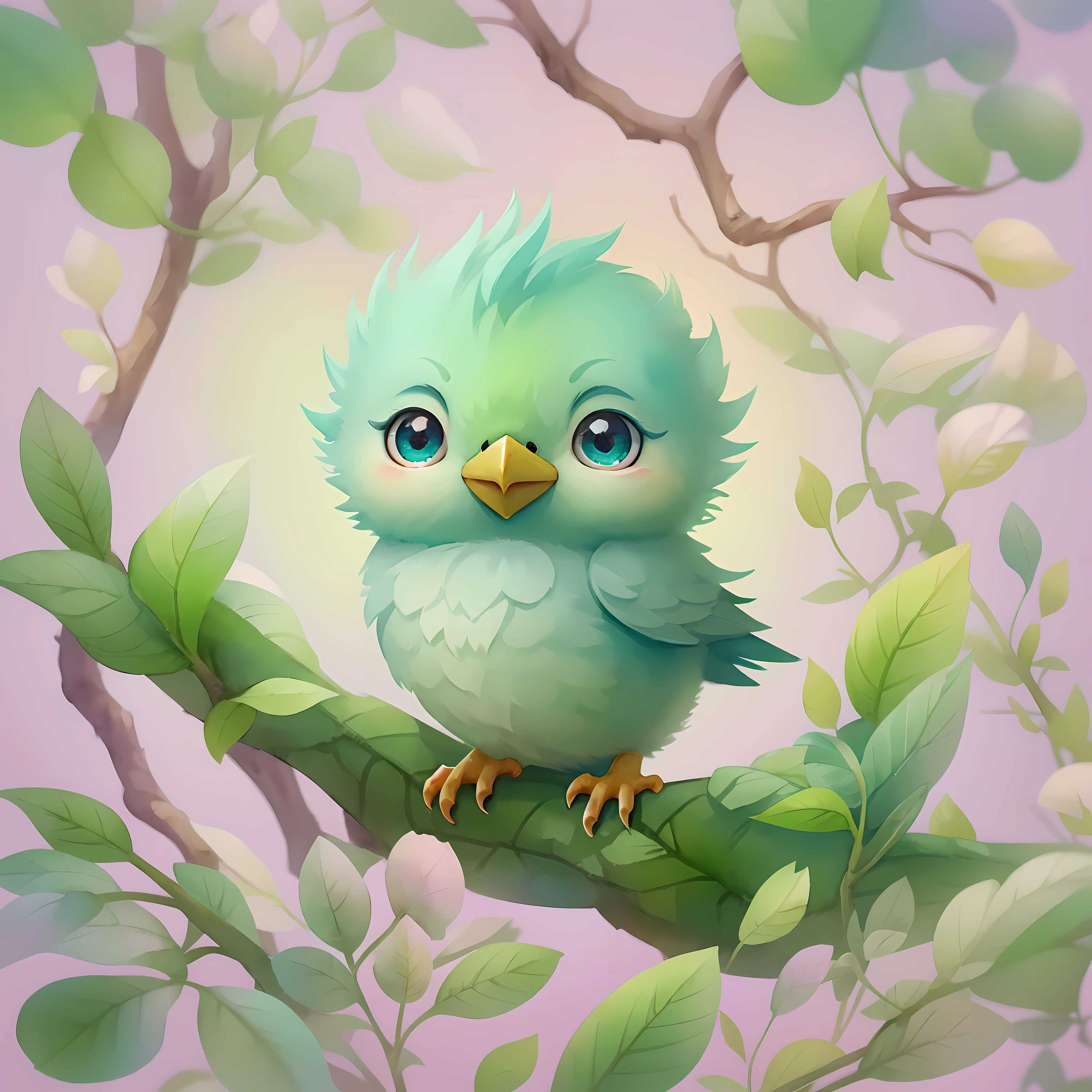 Lovely风格化幻想小鸟角色的数字插图,Front view, in the style of Studio Ghibli, fluffy, photorealistic rendering,Pixar style, Super detailed, complex, Panorama, full-body shot, Front view, by Anne Stokes, facing camera, front corner, 非常大又Lovely眼睛, Big Peak, center, Lovely, Lois, Cute and quirky, Watercolor effect, Retro aesthetic, charming, whimsical, Smooth, soft light, Detailed description, 3D vector art, T-shirt design, Soft four colors, Graffiti effect,bird's eye view