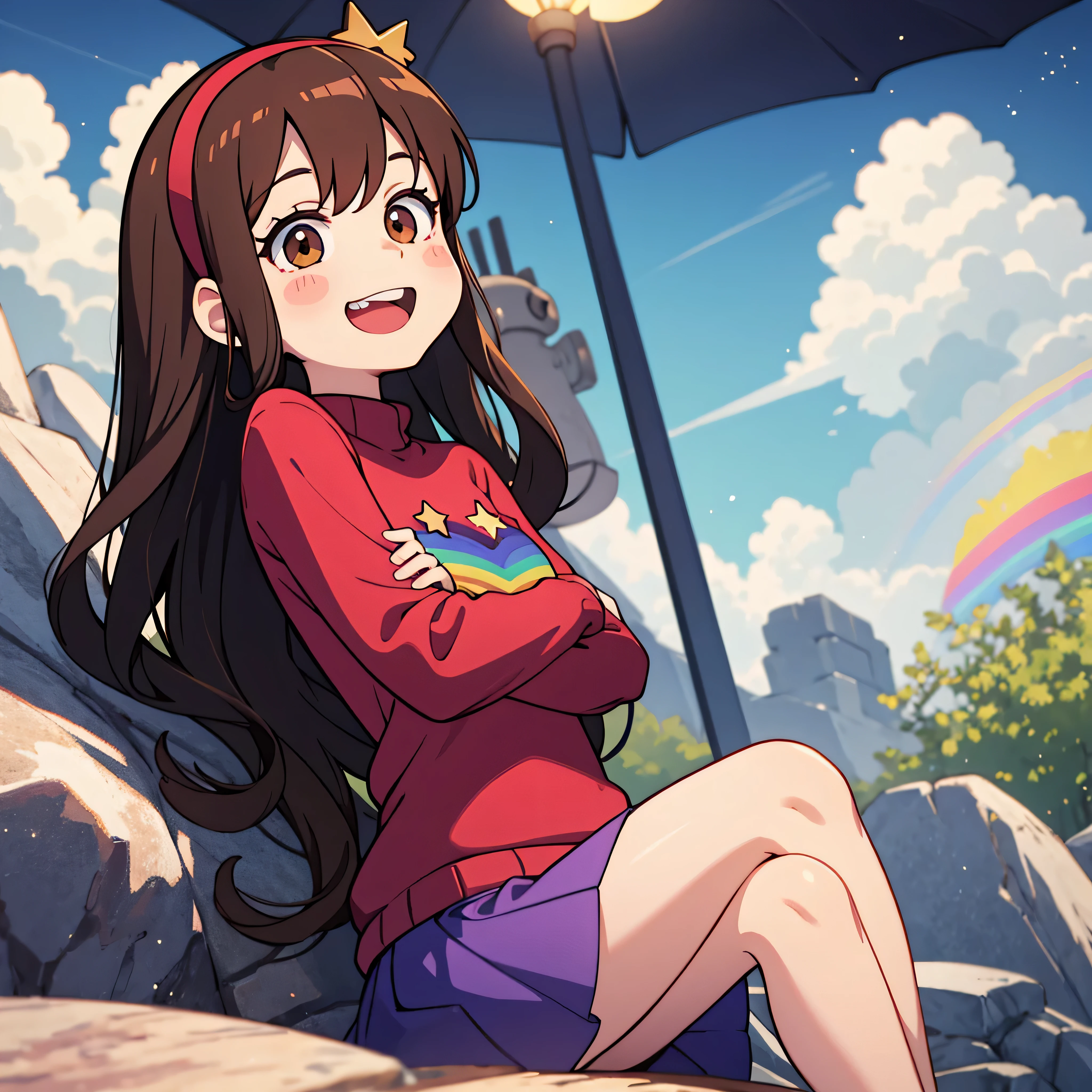 day, mabel pines ,sitting,anime style,masterpiece,best quality,Mabel,1girl, wallpaper, landscape,  depth of field, night, light particles, light rays, sidelighting, thighs, fate \(series\) solo,upper body,long hair,red sweater,long sleevess,brown hair,black eyes,pink hairband ,rainbow,star \(symbol\),rainbow, purple skirt,smile ,blush stickers ,round teeth,buck teeth ,tree,blue sky, 