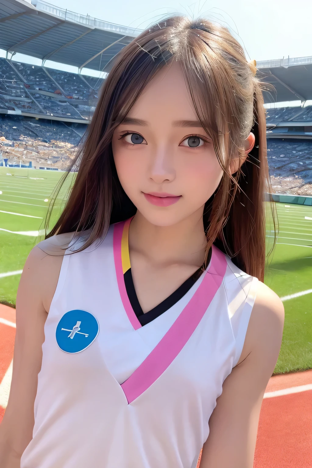 pieces fly、masterpiece、highest quality、Super detailed、High resolution、High resolution、8K portrait、unity 8k wallpaper、Detailed CG、unity 8k wallpaper、Detailed CGユニティ8kの壁紙、realistic、real person、portrait photography、shiny skin、(:1.2)、(cute:1.2)、High resolution、beautiful clear eyes、very detailed explanation、delicate face、cute face、nice lips、thin waist、thin legs、1 girl、(athletics stadium:1.5)、(flat chest:1.6)、(colorful sleeveless track and field uniform:1.5)、(abs:1.2)、(My nipples stick to my clothes:1.4)、(smile)、(stop temporarily)、(wavy hair)