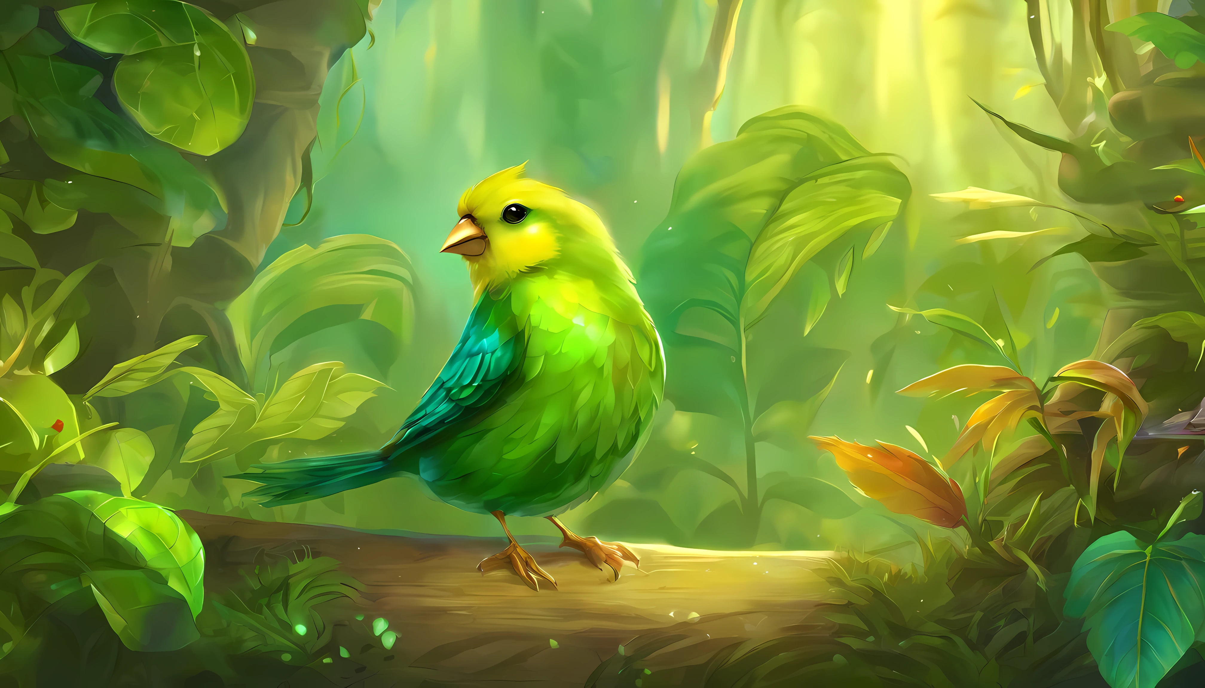 Little green canary enjoying the jungle. he is different from others,but passionate about life, Although the other canaries looked at him strangely. Suitable for . cartoonish style.