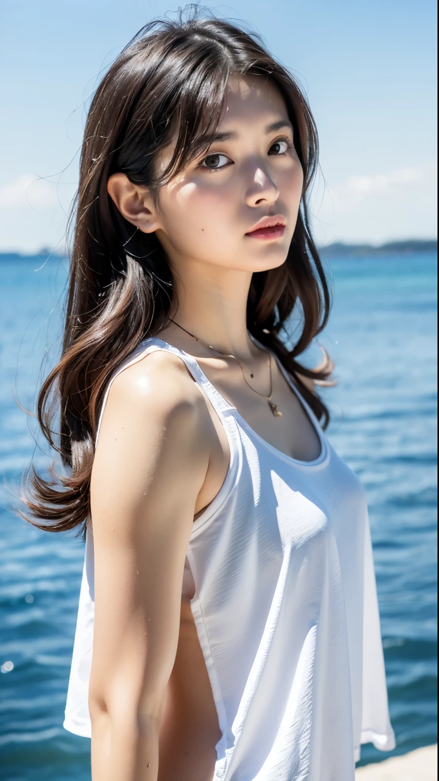 (highest quality、8K、32K、masterpiece、nffsw:1.2)、photo of cute japanese woman、Background sea、realistic、hair a little longer than the shoulders、half up、brown hair close to black、Upper body、surface focus、necklace、From above、looking at the viewer、White t-shirt over swimsuit、Translucency、