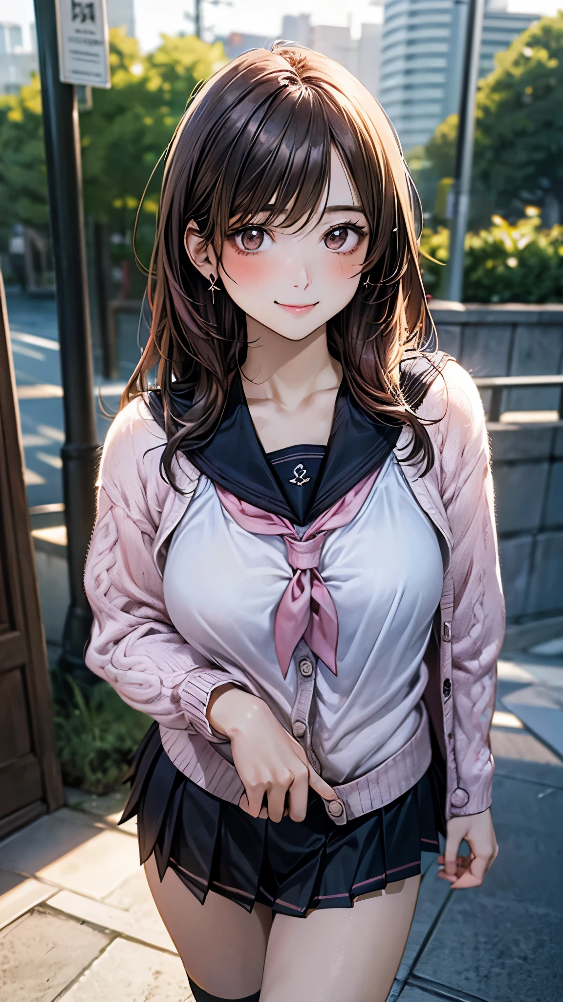 (masterpiece:1.2, top-quality), (realistic, photorealistic:1.4), beautiful illustration, (natural side lighting, movie lighting),
looking at viewer, cowboy shot, front view:0.6, 1 girl, japanese, high school girl, perfect face, cute and symmetrical face, shiny skin,
(middle hair:1.2, straight hair:1.5, brown hair), swept bangs, dark brown eyes, long eye lasher, (large breasts:0.6, seductive thighs),
beautiful hair, beautiful face, beautiful detailed eyes, beautiful clavicle, beautiful body, beautiful chest, beautiful thigh, beautiful legs, beautiful fingers,
(((pink cardigan, open cardigan), all black sailor suit, black pleated skirt, black sailor collar, black sailor scarf, socks, brown loafers)), light grey plaid panties,
(beautiful scenery), evening, riverside, walking, (lovely smile, upper eyes),