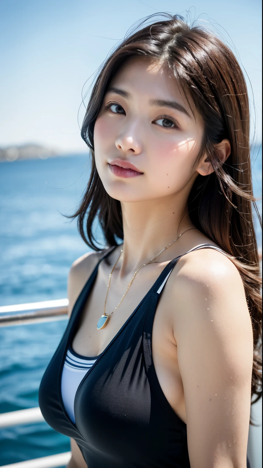 (highest quality、8K、32K、masterpiece、nffsw:1.2)、photo of cute japanese woman、Background sea、realistic、hair a little longer than the shoulders、half up、brown hair close to black、Upper body、surface focus、necklace、From above、looking at the viewer、White t-shirt over swimsuit、Translucency、