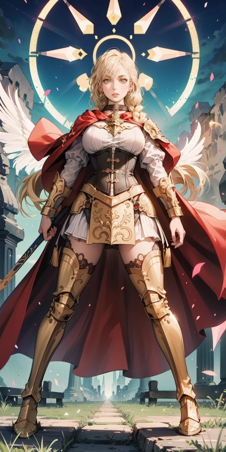 far shot, from below, full body of paladin lady in ornate golden armor, black collar, pauldrons, breastplate, corset, glowing halo, single braid, blonde, yellow glowing eyes, bright pupils, eye focus, red cape, temple indoors, stained glass windows, night, moonlight, particles, light beam, chromatic aberration