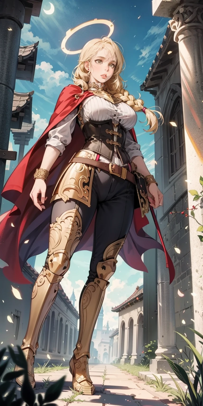 far shot, from below, full body of paladin lady in ornate golden armor, black collar, pauldrons, breastplate, corset, glowing halo, single braid, blonde, yellow glowing eyes, bright pupils, eye focus, red cape, temple indoors, stained glass windows, night, moonlight, particles, light beam, chromatic aberration
