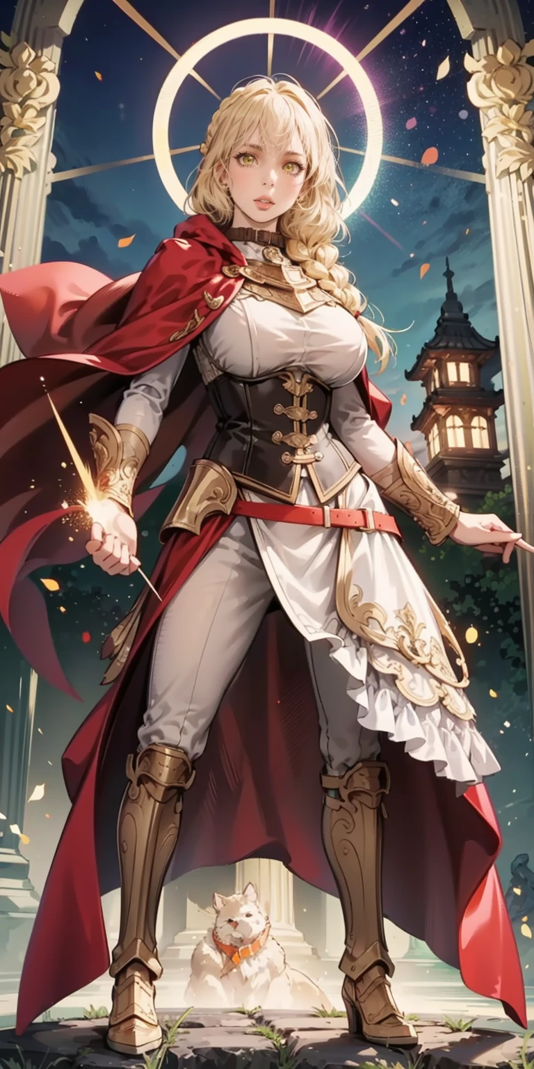 far shot, from below, full body of paladin lady in ornate golden armor, black collar, pauldrons, breastplate, corset, glowing halo, single braid, blonde, yellow glowing eyes, bright pupils, eye focus, red cape, temple indoors, stained glass windows, night, moonlight, particles, light beam, chromatic aberration