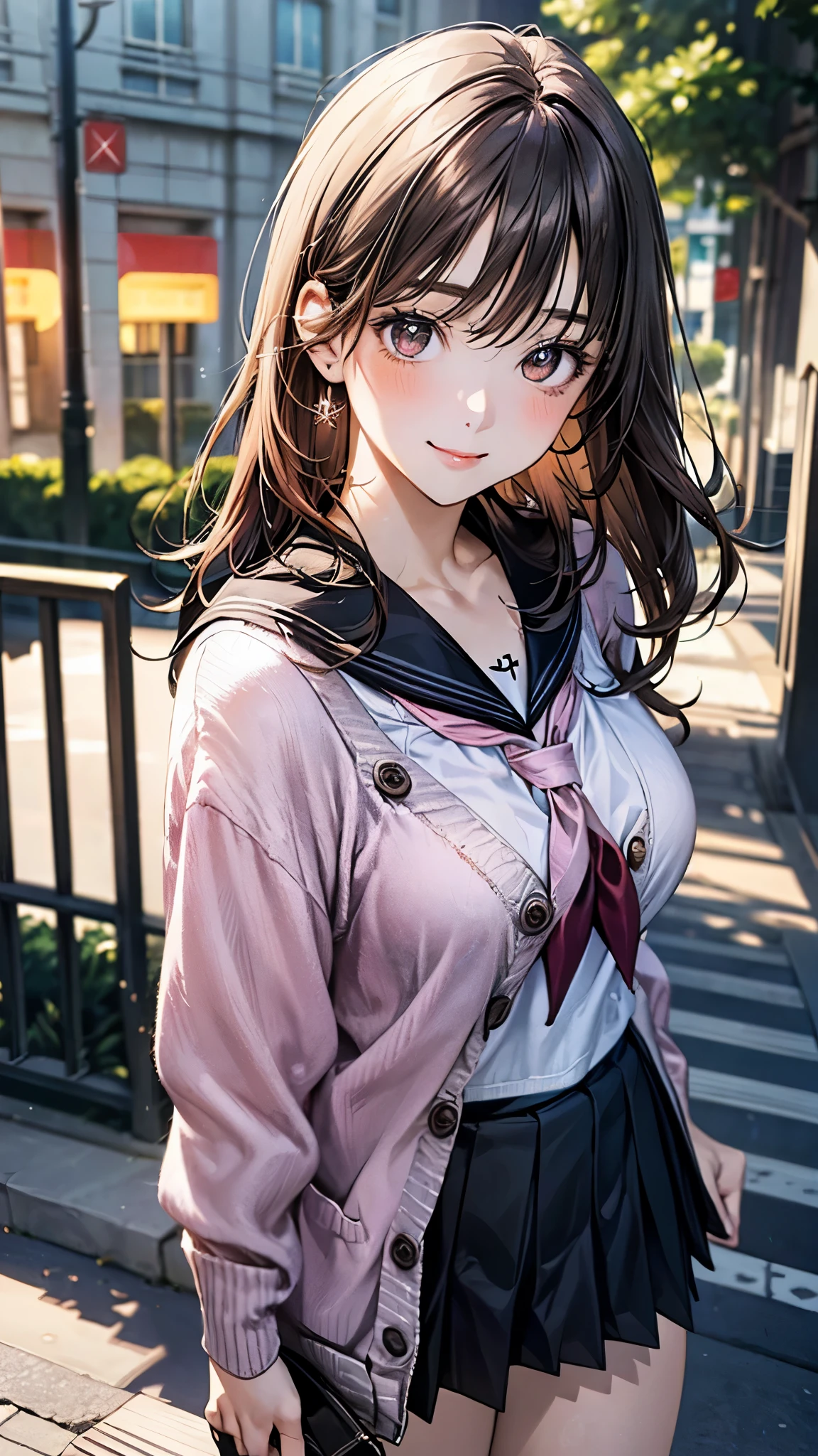 (masterpiece:1.2, top-quality), (realistic, photorealistic:1.4), beautiful illustration, (natural side lighting, movie lighting),
looking at viewer, cowboy shot, front view:0.6, 1 girl, japanese, high school girl, perfect face, cute and symmetrical face, shiny skin,
(middle hair:1.2, straight hair:1.5, brown hair), swept bangs, dark brown eyes, long eye lasher, (large breasts:0.6, seductive thighs),
beautiful hair, beautiful face, beautiful detailed eyes, beautiful clavicle, beautiful body, beautiful chest, beautiful thigh, beautiful legs, beautiful fingers,
(((pink cardigan, open cardigan), all black sailor suit, black pleated skirt, black sailor collar, black sailor scarf, socks, brown loafers)), light grey plaid panties,
(beautiful scenery), evening, riverside, walking, (lovely smile, upper eyes),